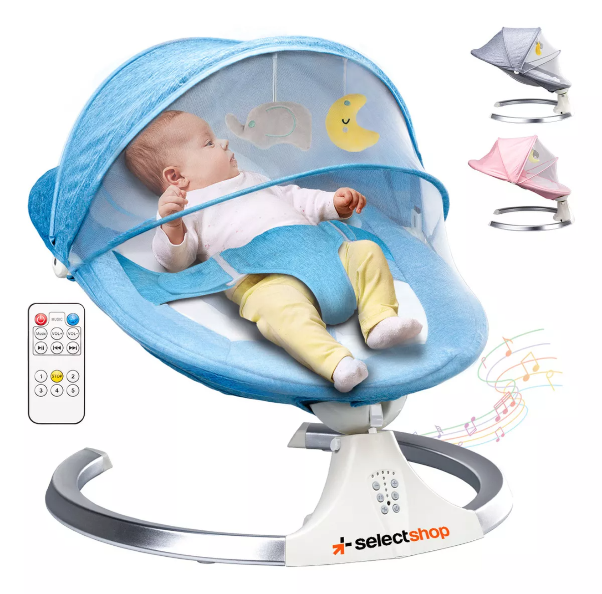 Mecedora Eléctrica Acero Selectshop Para Bebe Resistente Con Movimiento 4 Velocidades Incluye Bocina Melodías Clásicas Asiento Cama Acojinado Conexión Bluetooth Control Remoto