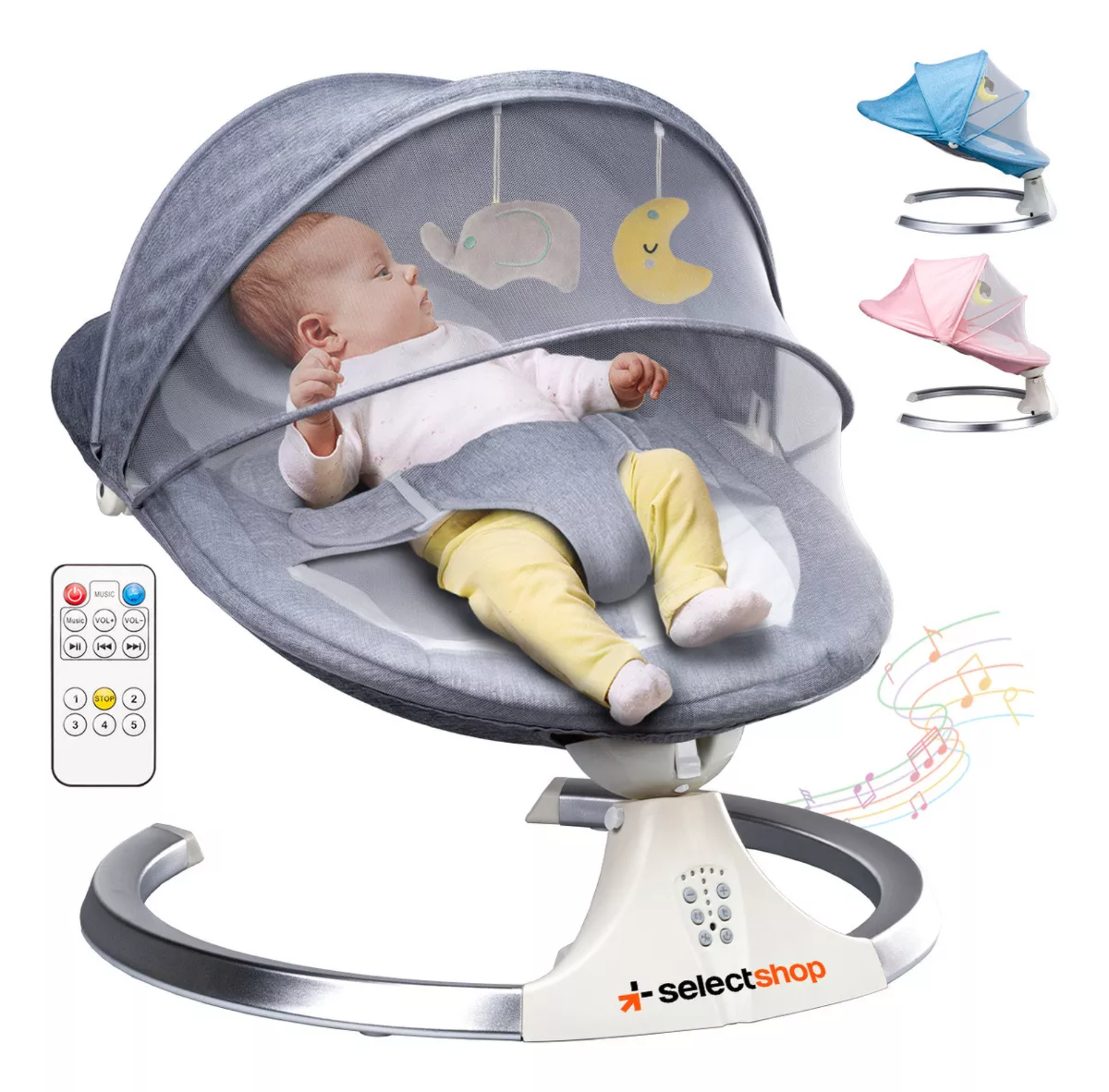 Mecedora eléctrica acero SelectShop para bebe resistente con movimiento 4 velocidades incluye bocina melodías clásicas asiento cama acojinado conexión bluetooth control remoto