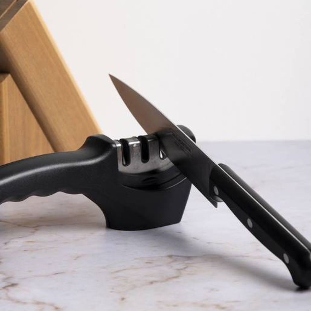 Afilador de cuchillos de cocina, 3 medidas, afilador manual con ranuras Acero Inoxidable Cuchillas de Restauración con Base Antideslizante/Mango Ergonómico para Cualquier Tipo de Cuchillos.