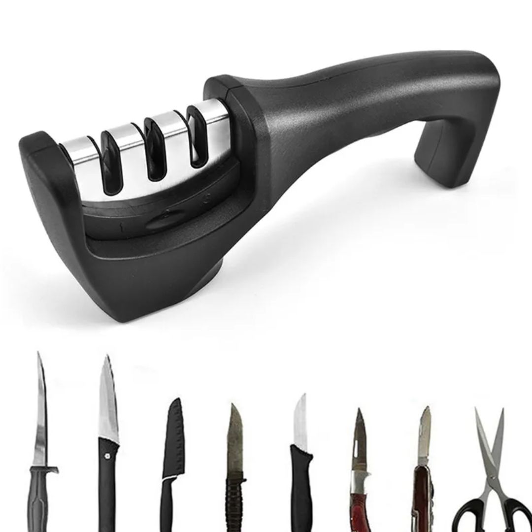 Afilador de cuchillos de cocina, 3 medidas, afilador manual con ranuras Acero Inoxidable Cuchillas de Restauración con Base Antideslizante/Mango Ergonómico para Cualquier Tipo de Cuchillos.