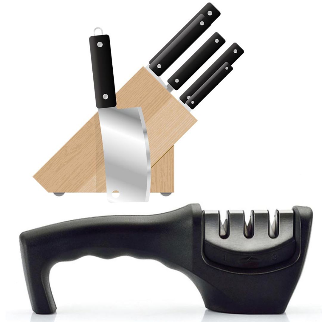 Afilador de cuchillos de cocina, 3 medidas, afilador manual con ranuras Acero Inoxidable Cuchillas de Restauración con Base Antideslizante/Mango Ergonómico para Cualquier Tipo de Cuchillos.