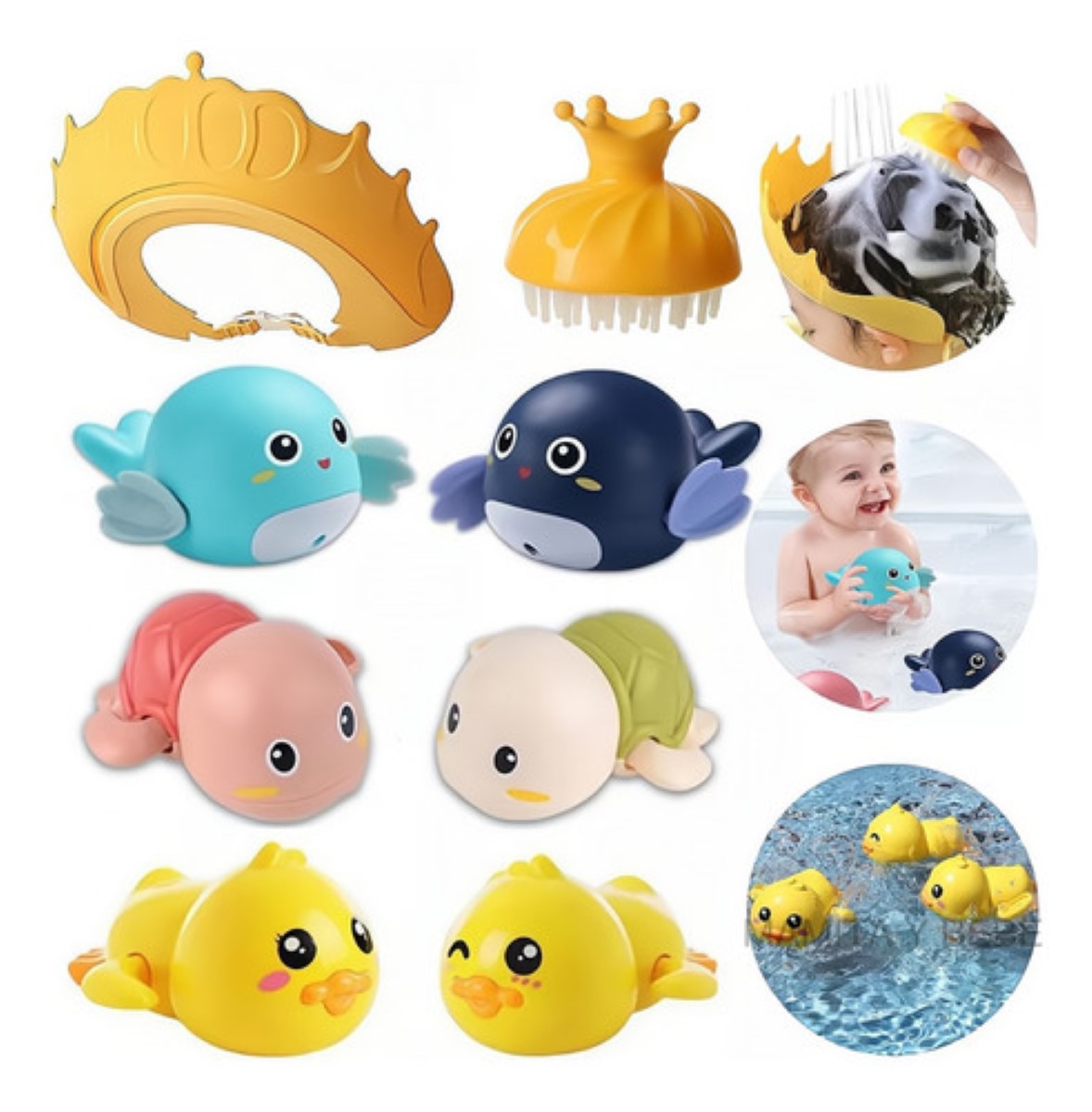 Juguetes de Baño Para Bebé + gorro Ducha Ajustable + cepillo Champú colores