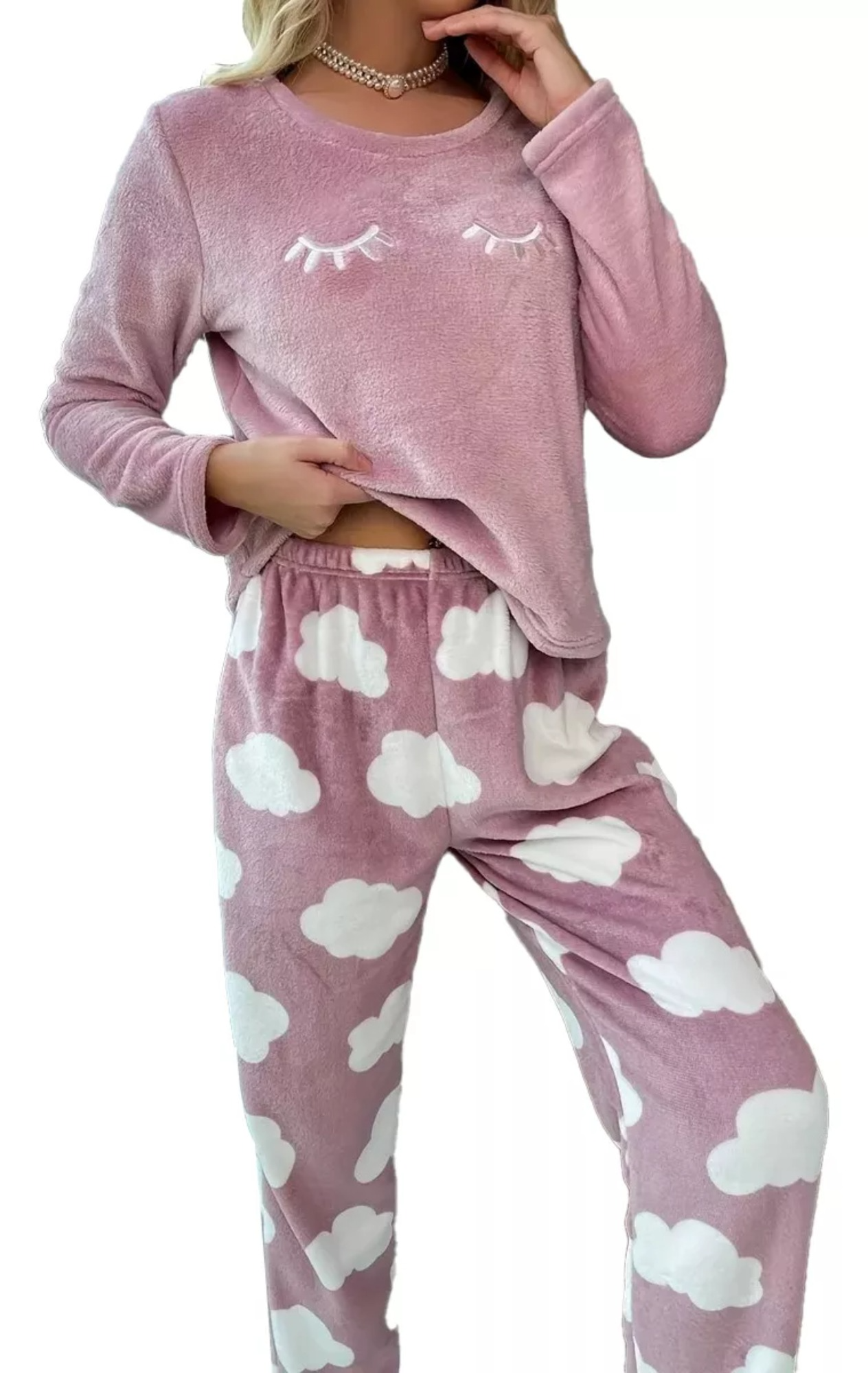 Pijama De Franela Para Mujer Con Estampado Nubes Engrosadas