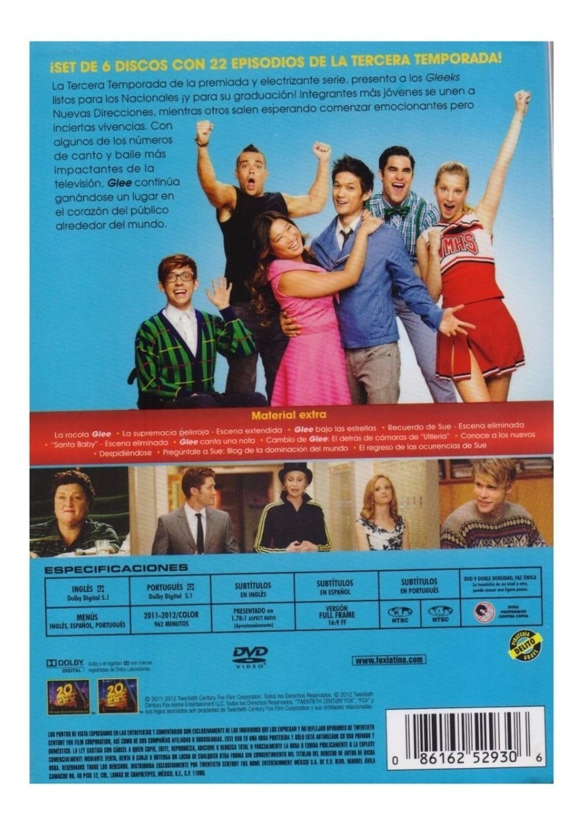 Glee Tercera Temporada 3 Tres Dvd.