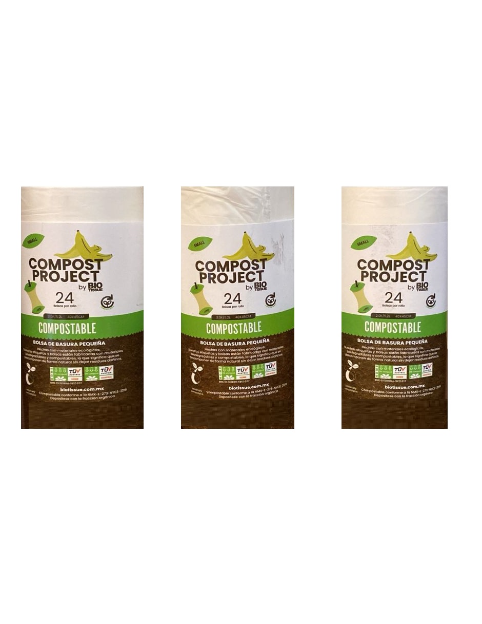 Bio Tissue Tripack bolsa compostable chica rollo con 24 piezas 40x45 cms