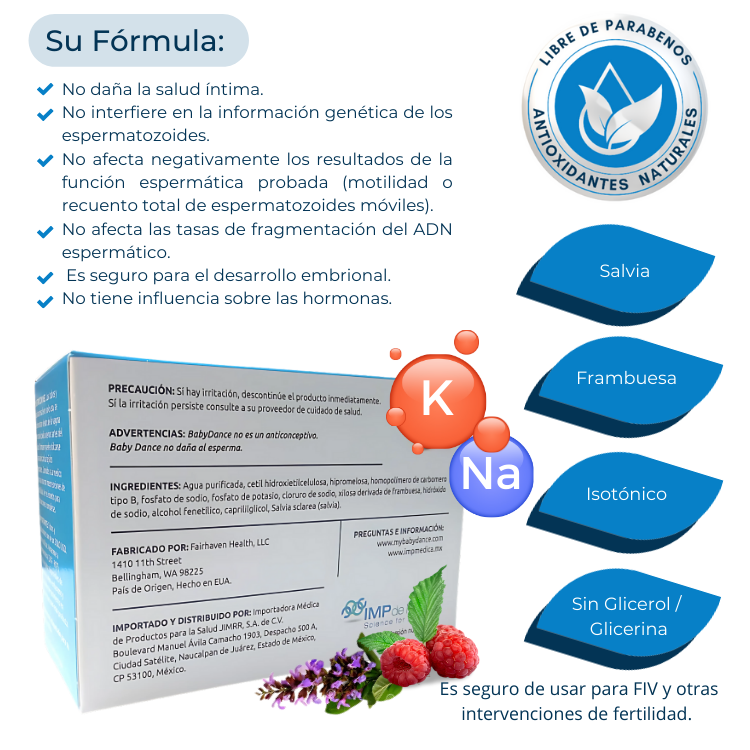 BabyDance Lubricante de Fertilidad. Único gel vaginal, SIN PARABENOS que estimula la fertilidad de ambos cuando buscan embarazo.