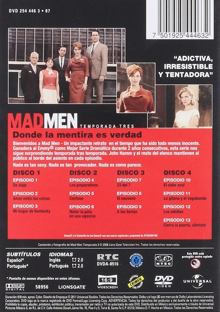 Mad Men Tercera Temporada 3 Tres Dvd