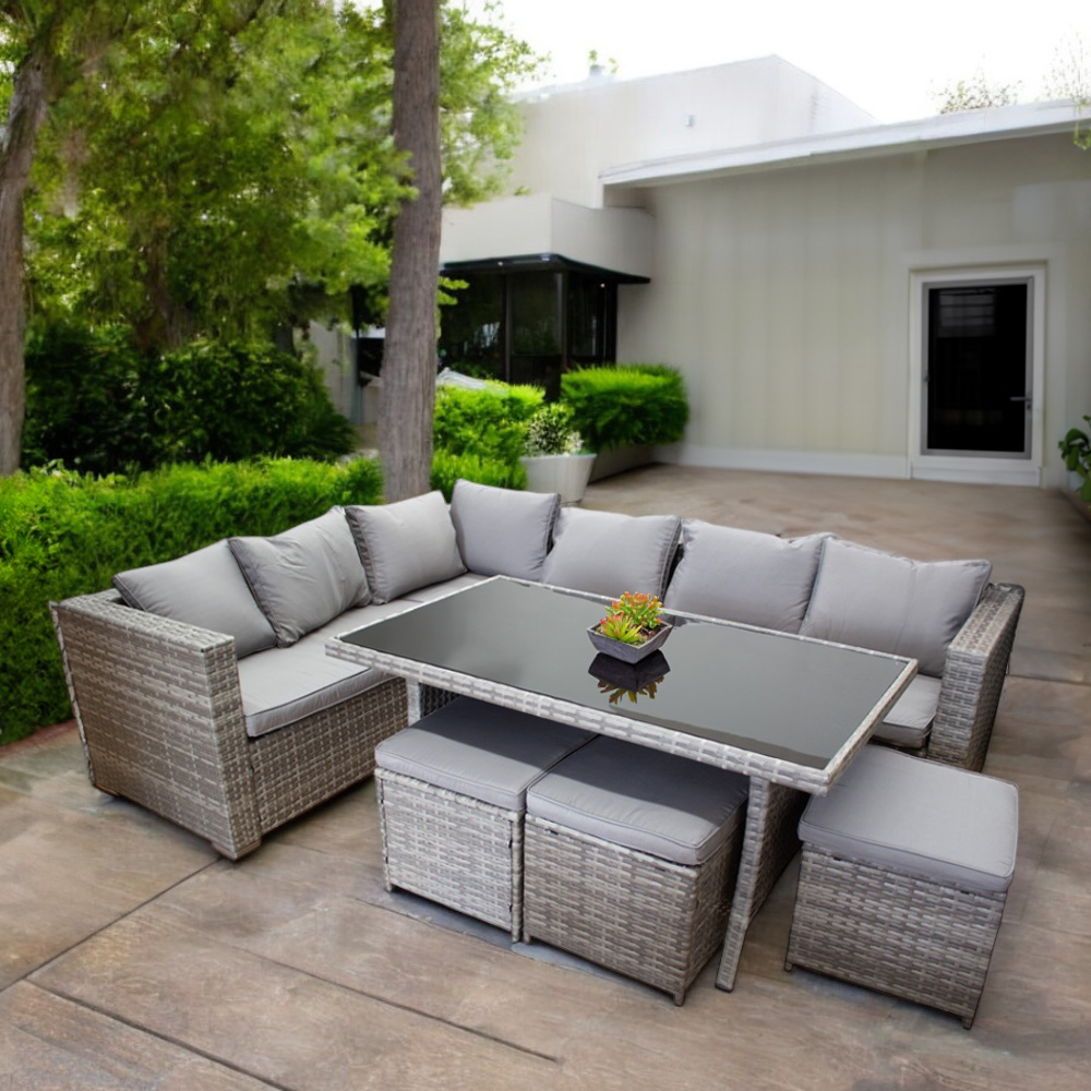 Ilios Innova Juego de Sala para jardín esquinera 6 Piezas Mesa de Centro de Cristal Templado Sofás de Mimbre sintético acojinados