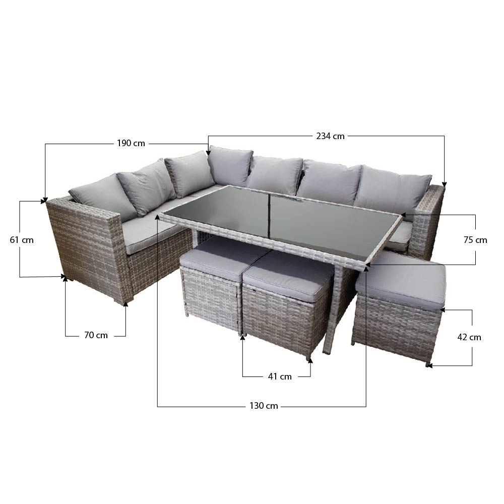 Ilios Innova Juego de Sala para jardín esquinera 6 Piezas Mesa de Centro de Cristal Templado Sofás de Mimbre sintético acojinados