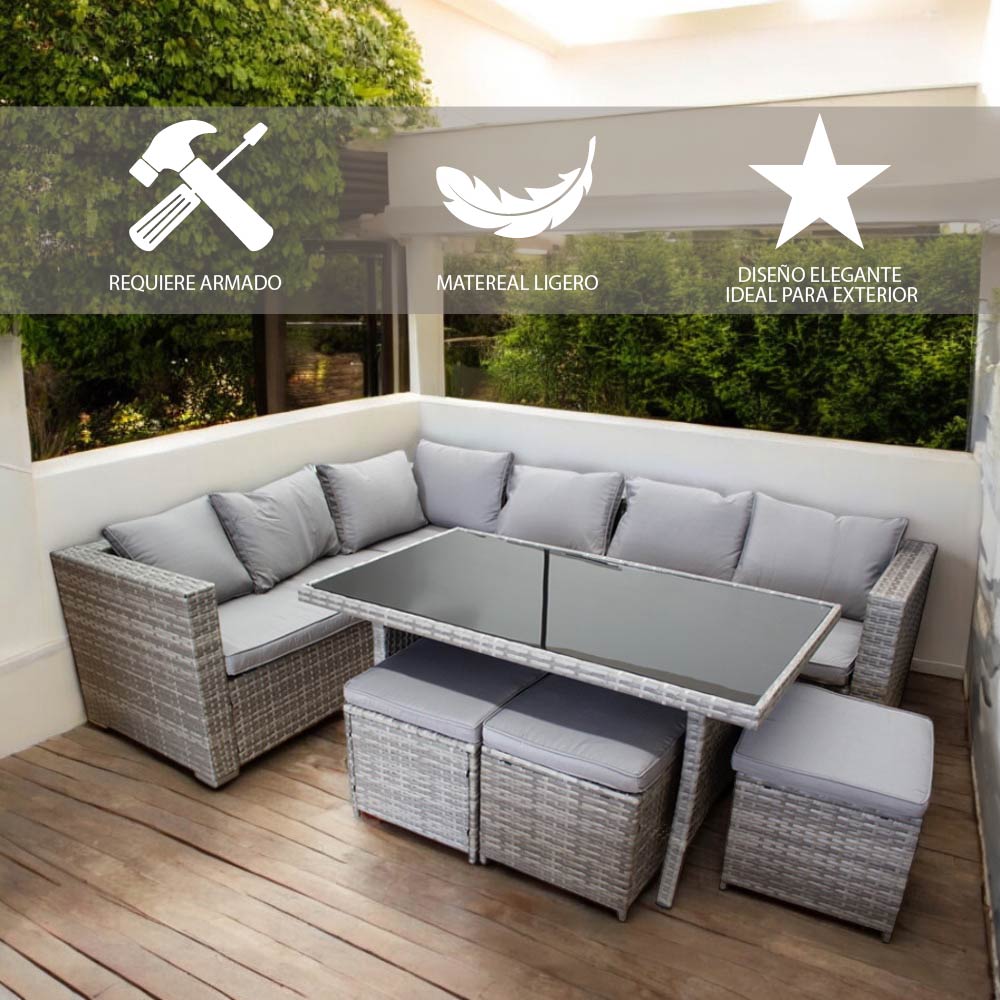 Ilios Innova Juego de Sala para jardín esquinera 6 Piezas Mesa de Centro de Cristal Templado Sofás de Mimbre sintético acojinados