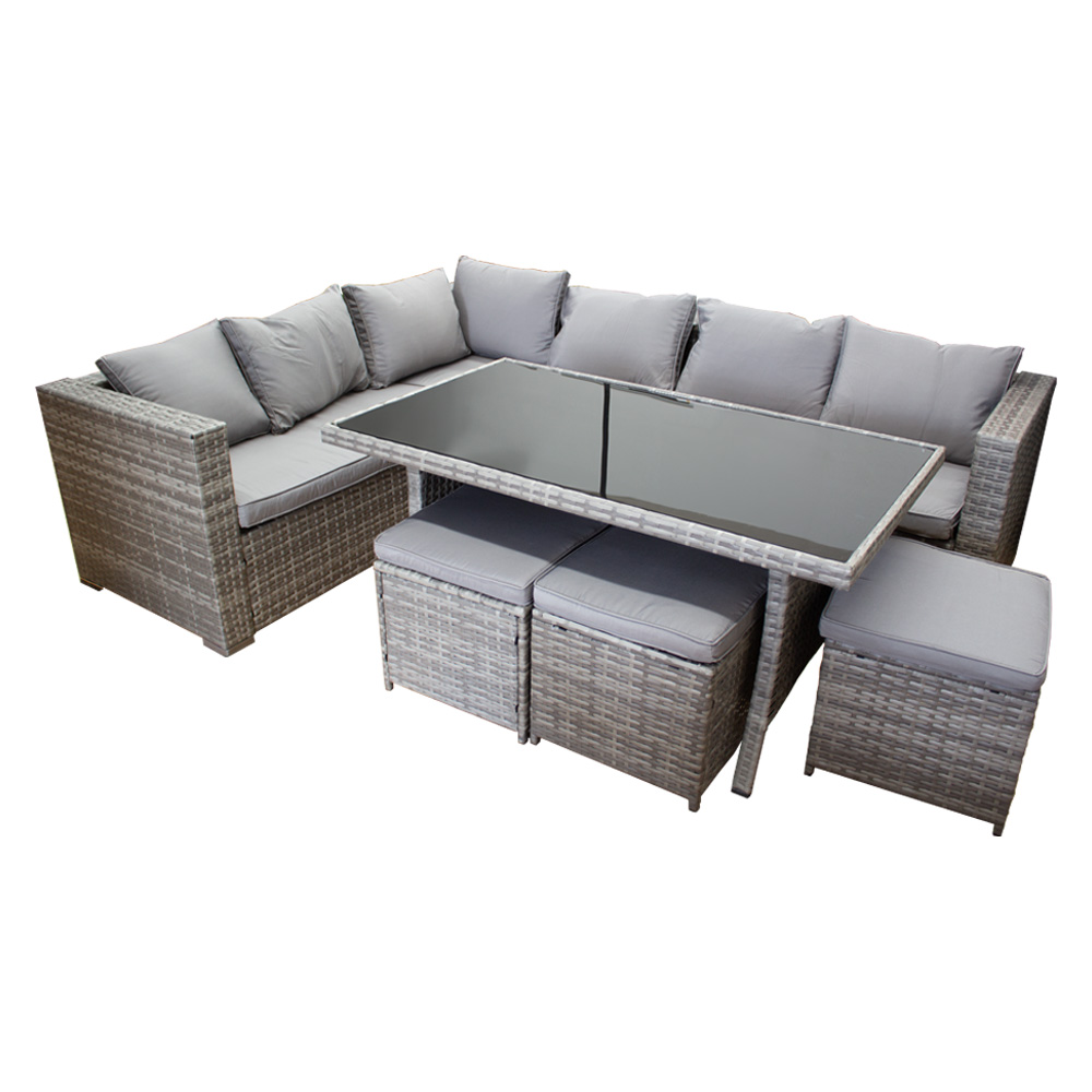 Ilios Innova Juego de Sala para jardín esquinera 6 Piezas Mesa de Centro de Cristal Templado Sofás de Mimbre sintético acojinados