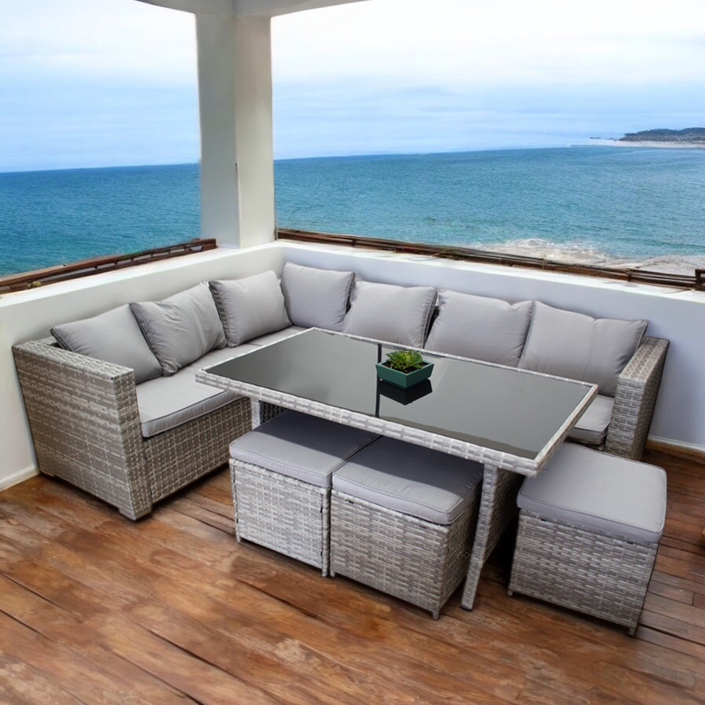 Ilios Innova Juego de Sala para jardín esquinera 6 Piezas Mesa de Centro de Cristal Templado Sofás de Mimbre sintético acojinados