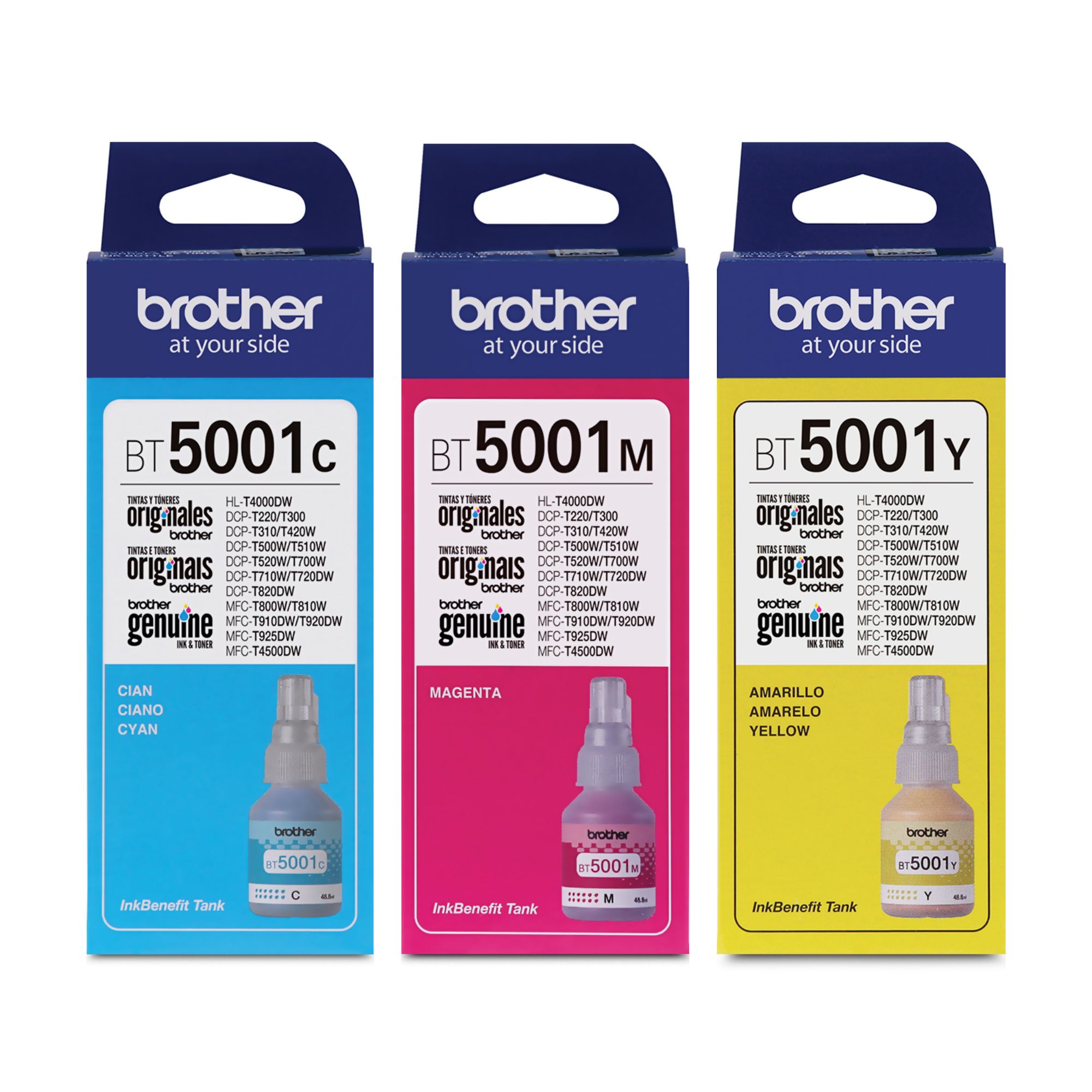 Kit de 3 Botellas de Tinta Brother BT5001 para 5,000 páginas, Tricolor.