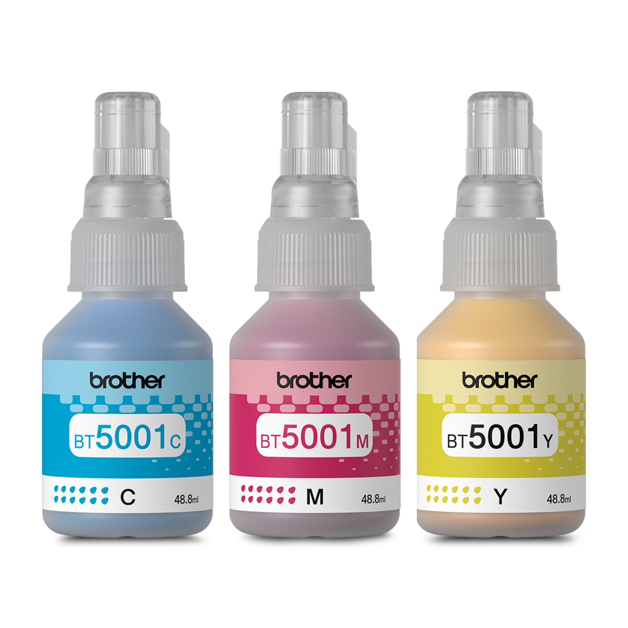 Kit de 3 Botellas de Tinta Brother BT5001 para 5,000 páginas, Tricolor.