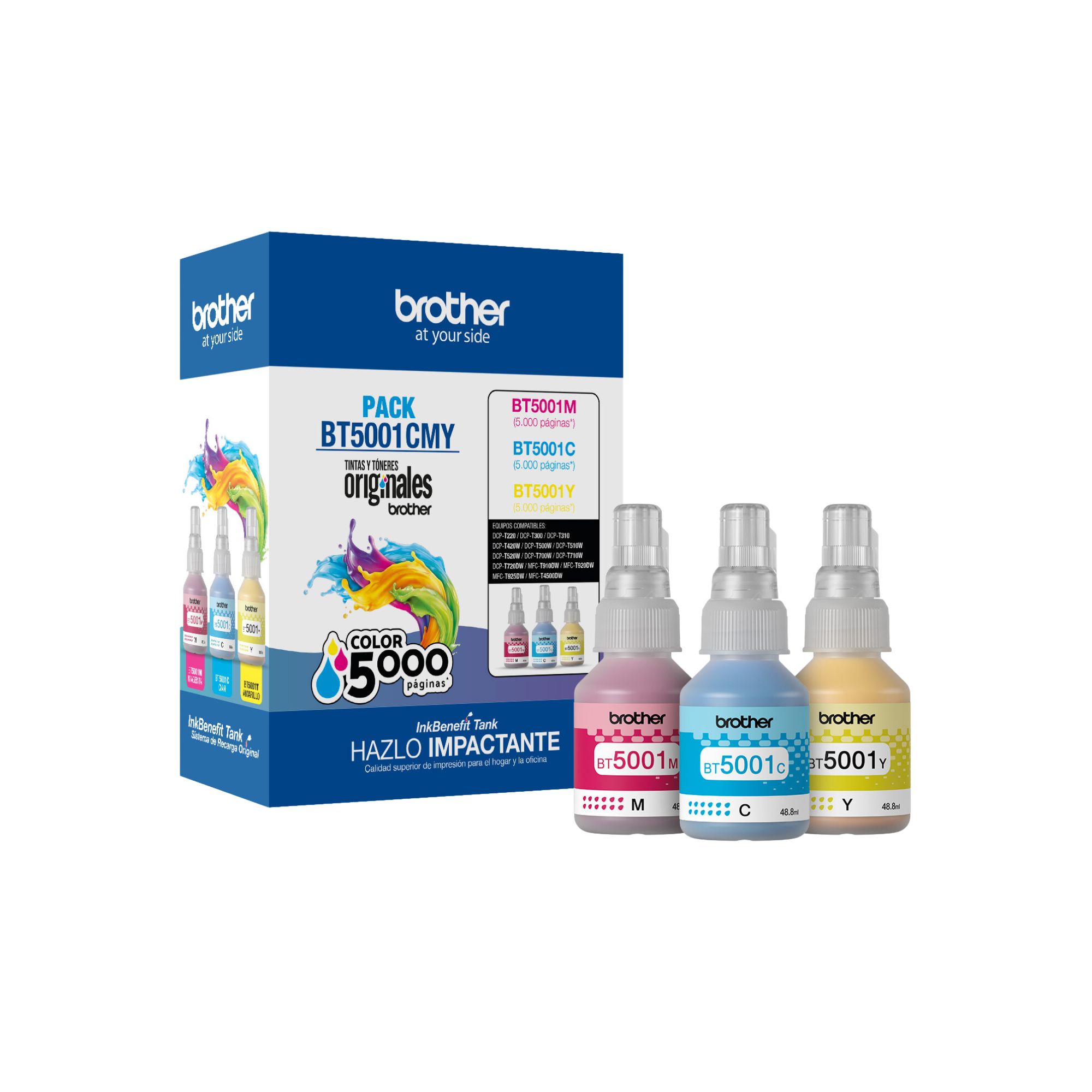 Kit de 3 Botellas de Tinta Brother BT5001 para 5,000 páginas, Tricolor.