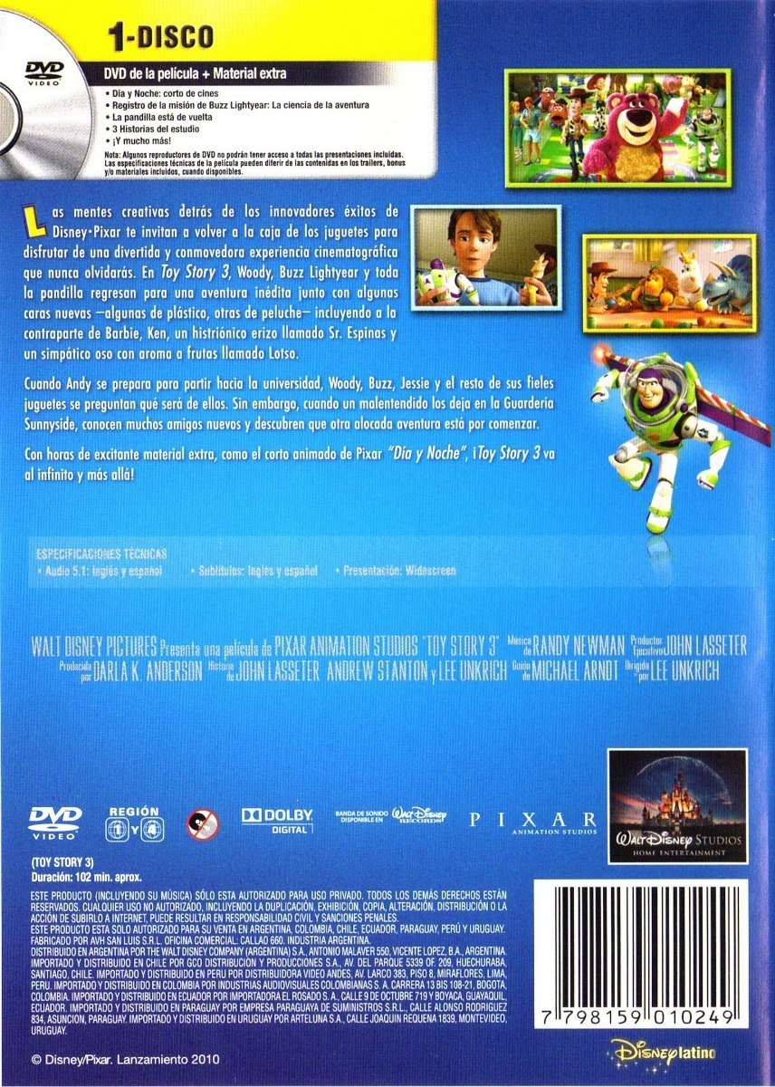 Toy Story 3 Tres 2010 Disney Tom Hanks Pelicula Dvd.