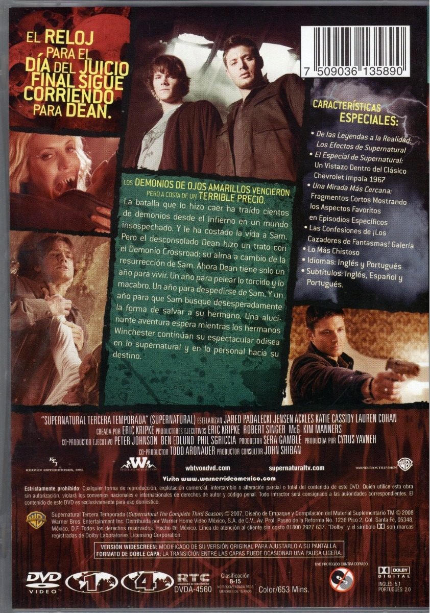 Supernatural Tercera Temporada 3 Tres Dvd