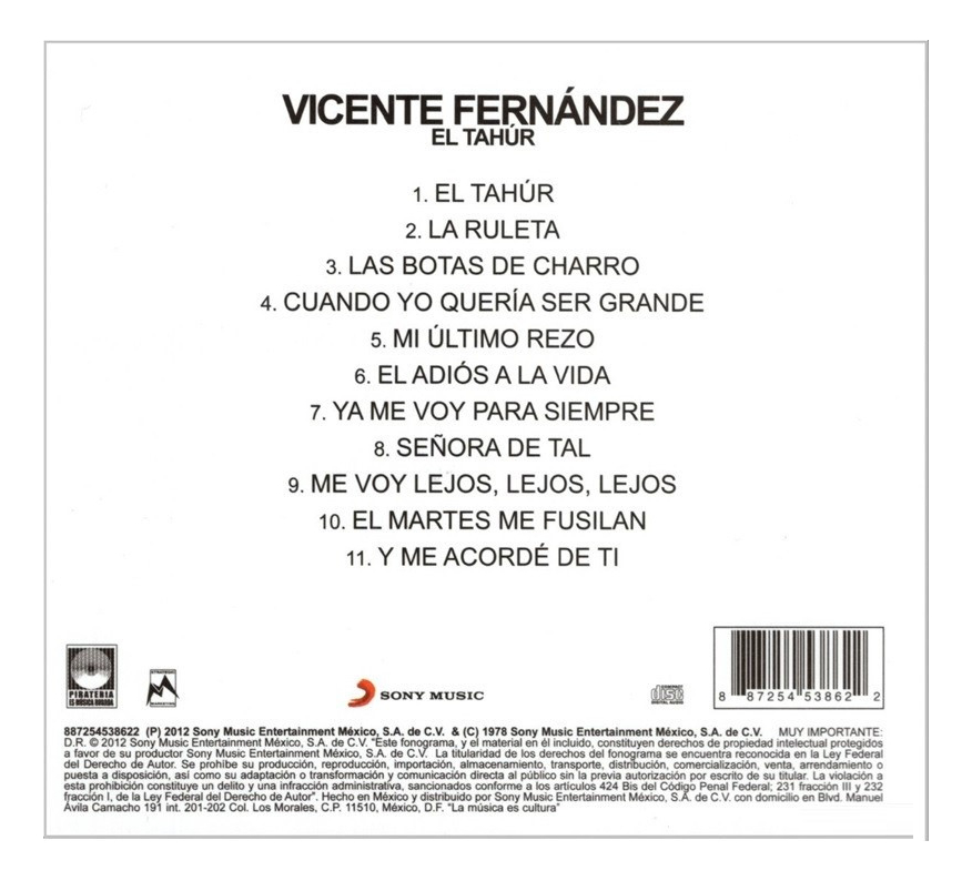 Vicente Fernandez - El Tahur - Disco Cd 11 Canciones