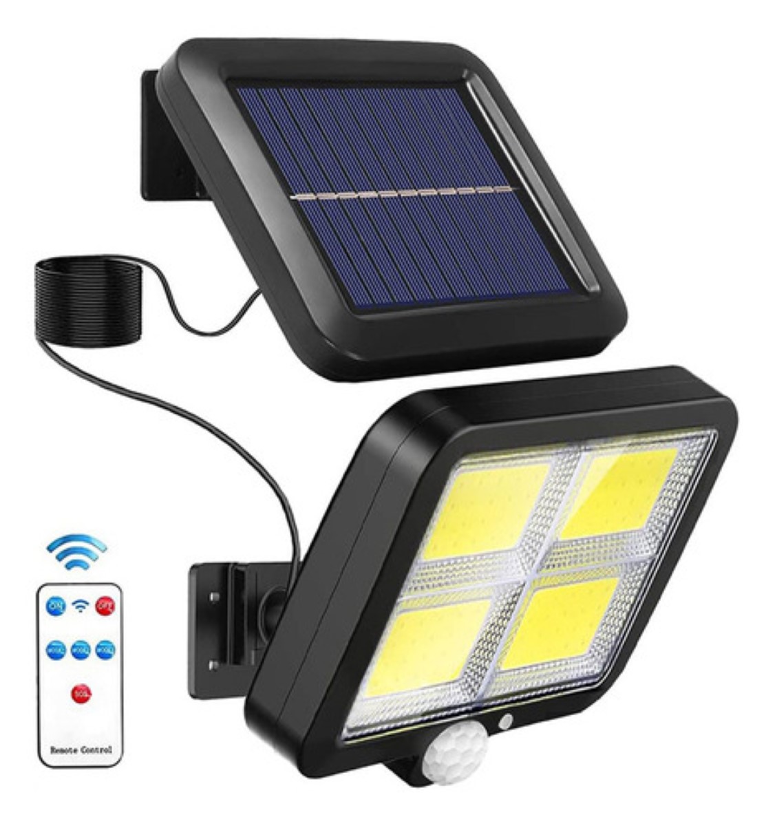 Lámpara Solar Para Pared Recargable Con Sensor 128COB 3 modos + remoto NEGRO