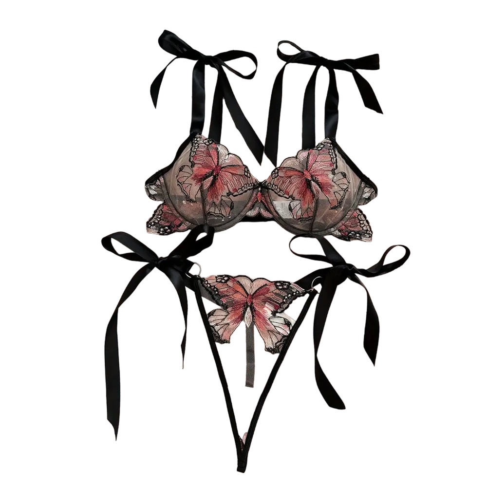 Conjunto de lencería bordado de mariposas