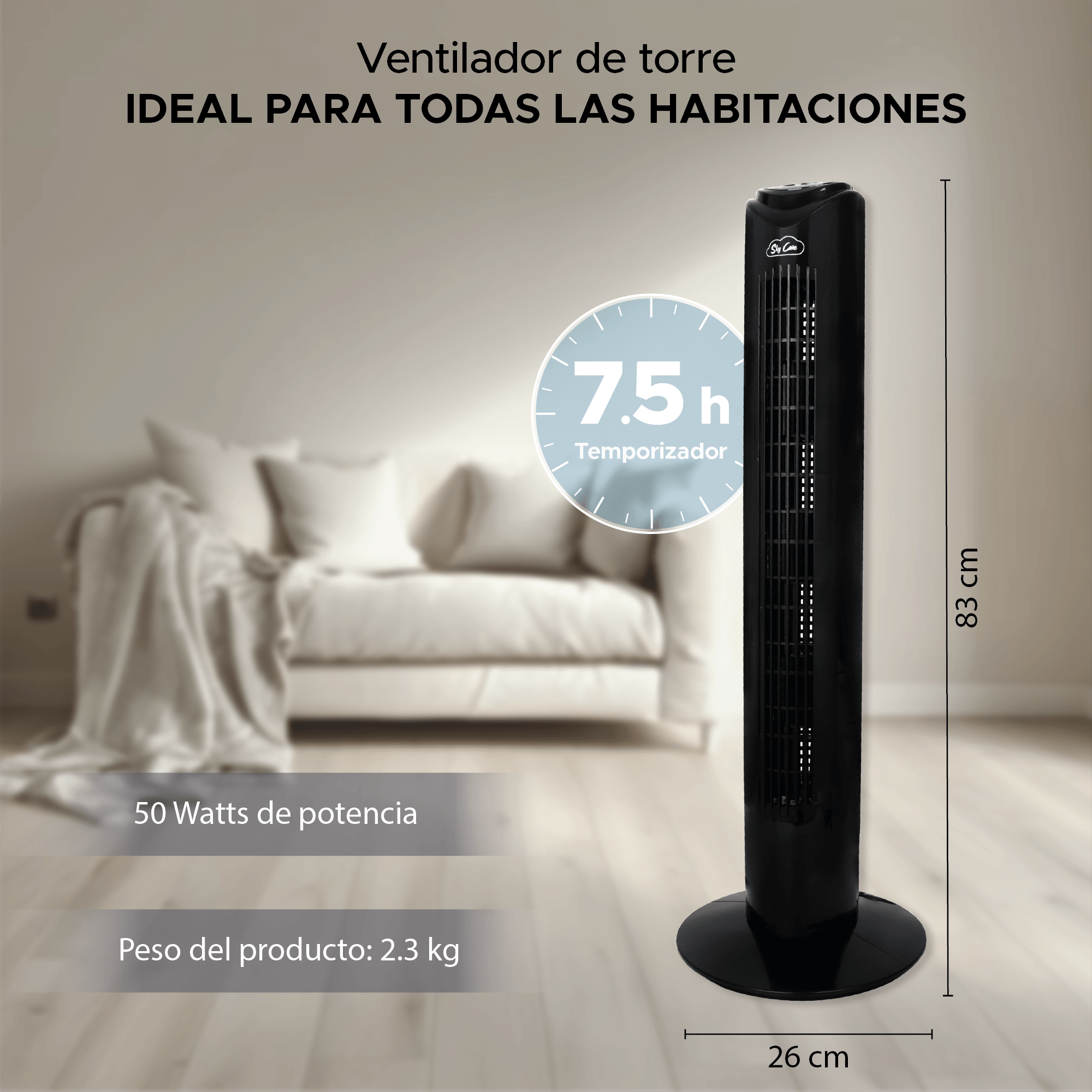 Ventilador Torre 83 CM Giratorio Control Remoto Negro