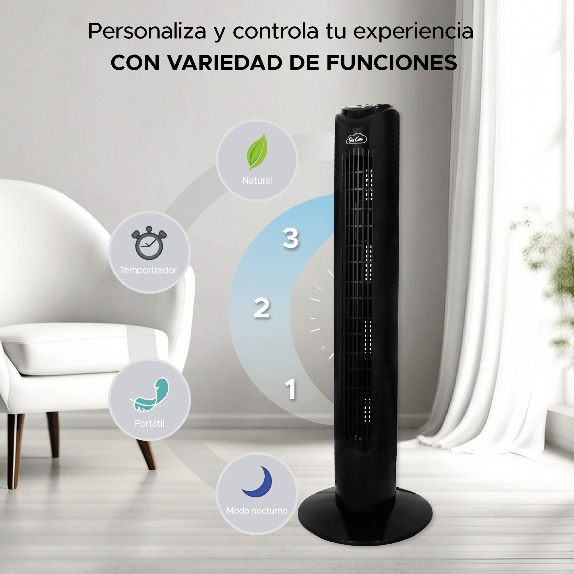 Ventilador Torre 83 CM Giratorio Control Remoto Negro