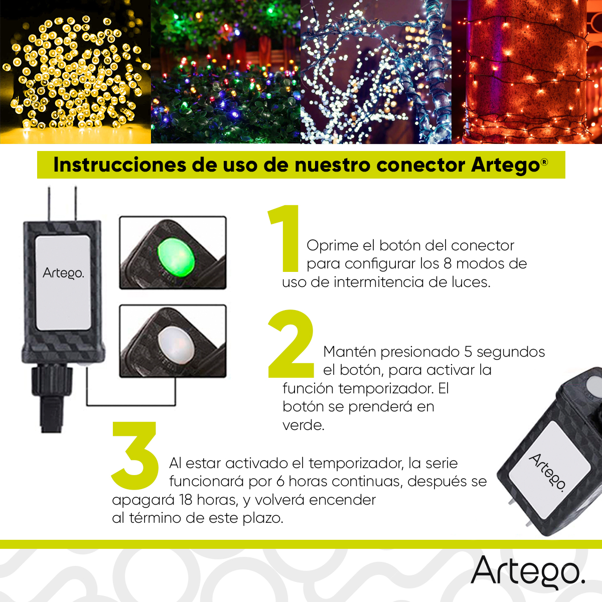 Luces serie de navidad 200 led interior exterior Decoración árbol de navidad eventos bodas LED christmas string lights con temporizador Artego Blanca