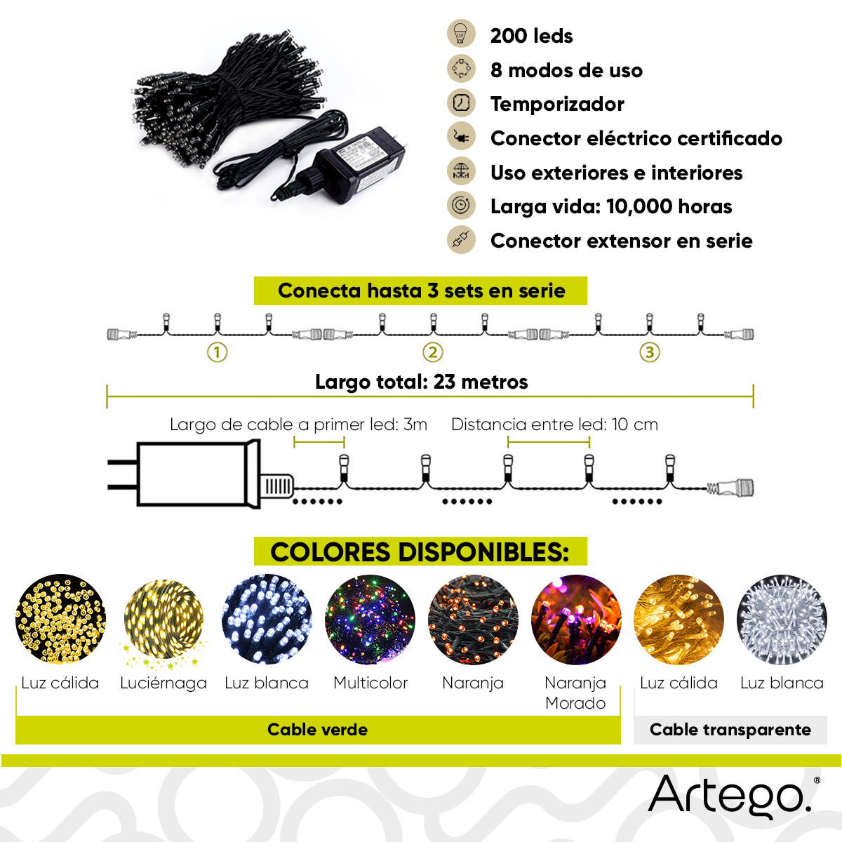 Luces serie de navidad 200 led interior exterior Decoración árbol de navidad eventos bodas LED christmas string lights con temporizador Artego Blanca.