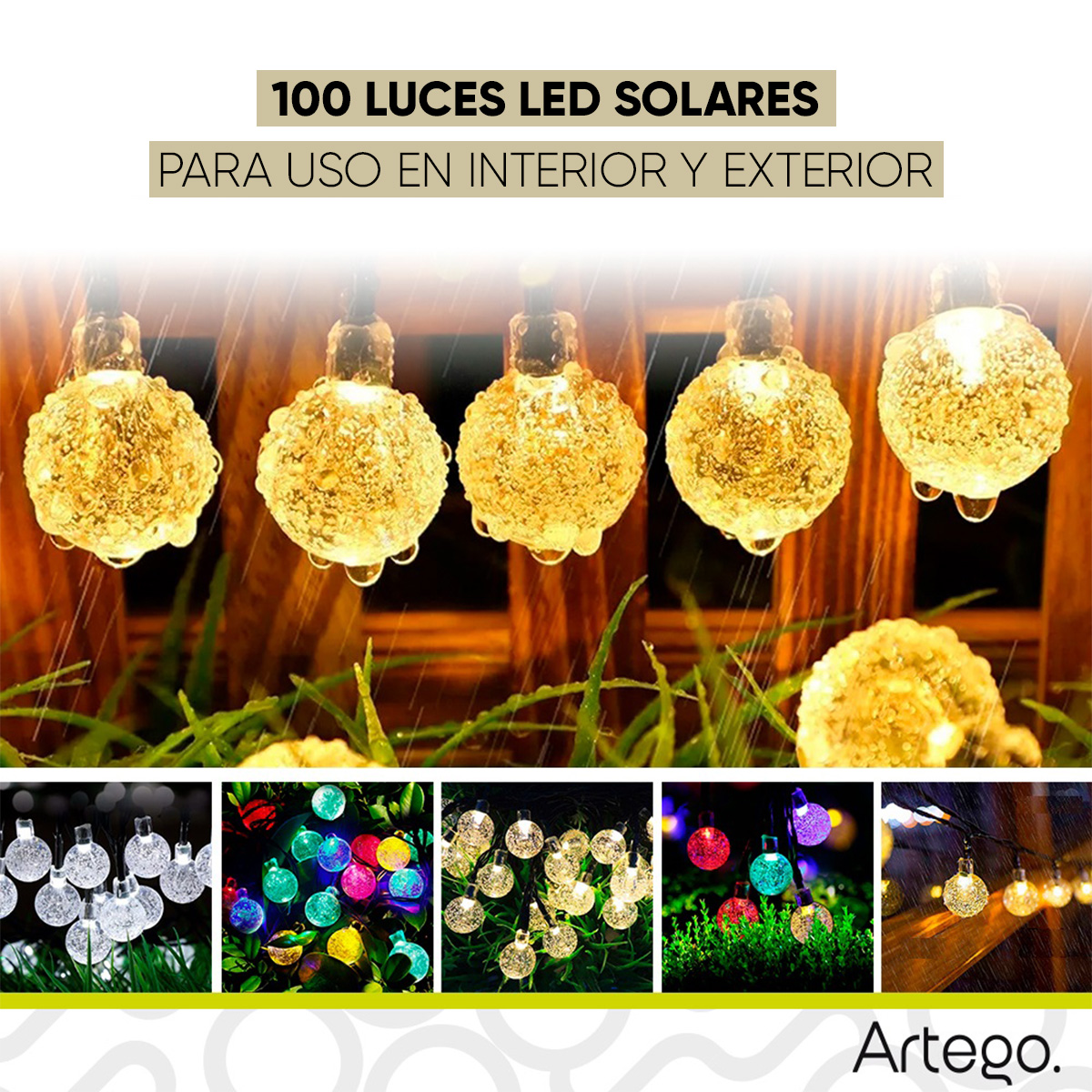 Luces de navidad solares 100 led esferas bola cristal copo de nieve snowflake style 8 modos de uso para exteriores Guirnalda de luces Multicolor