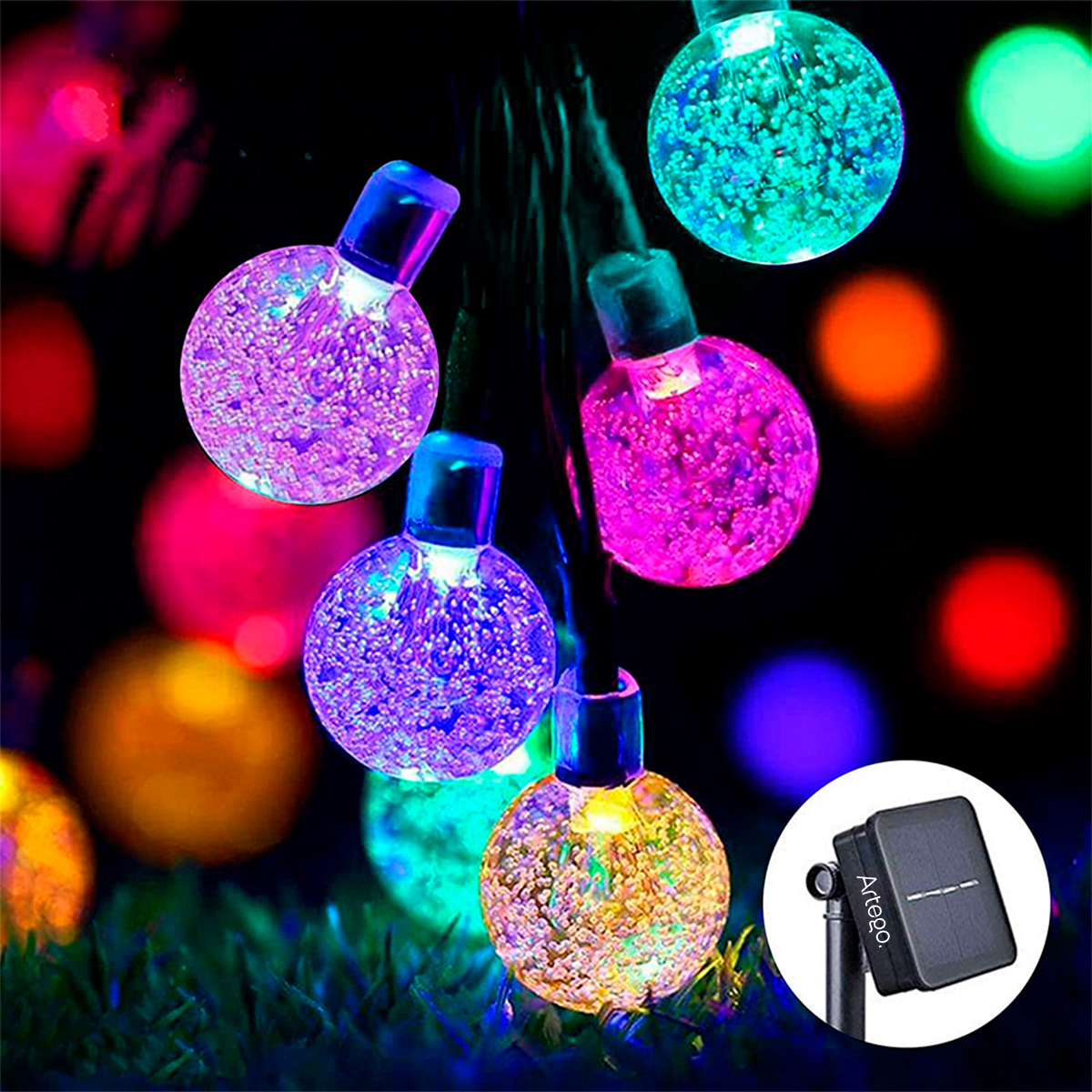 Luces de navidad solares 100 led esferas bola cristal copo de nieve snowflake style 8 modos de uso para exteriores Guirnalda de luces Multicolor