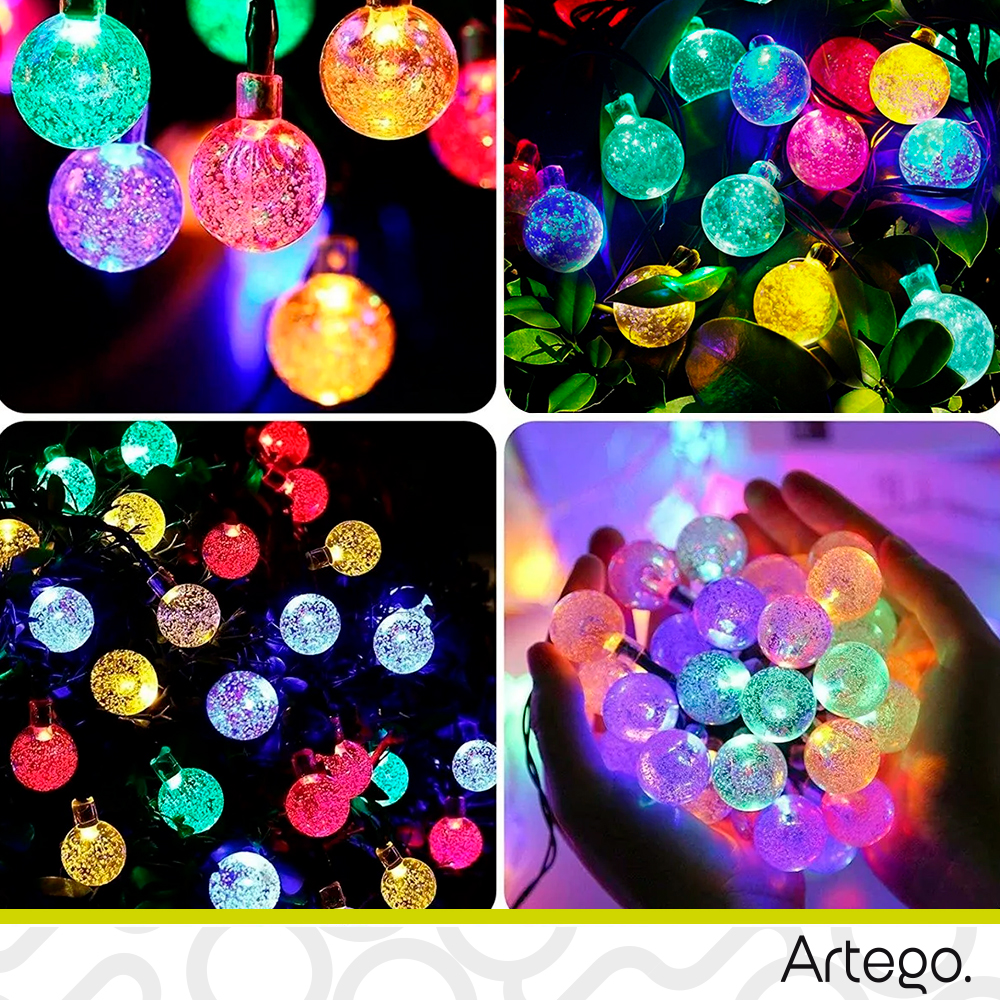 Luces de navidad solares 100 led esferas bola cristal copo de nieve snowflake style 8 modos de uso para exteriores Guirnalda de luces Multicolor