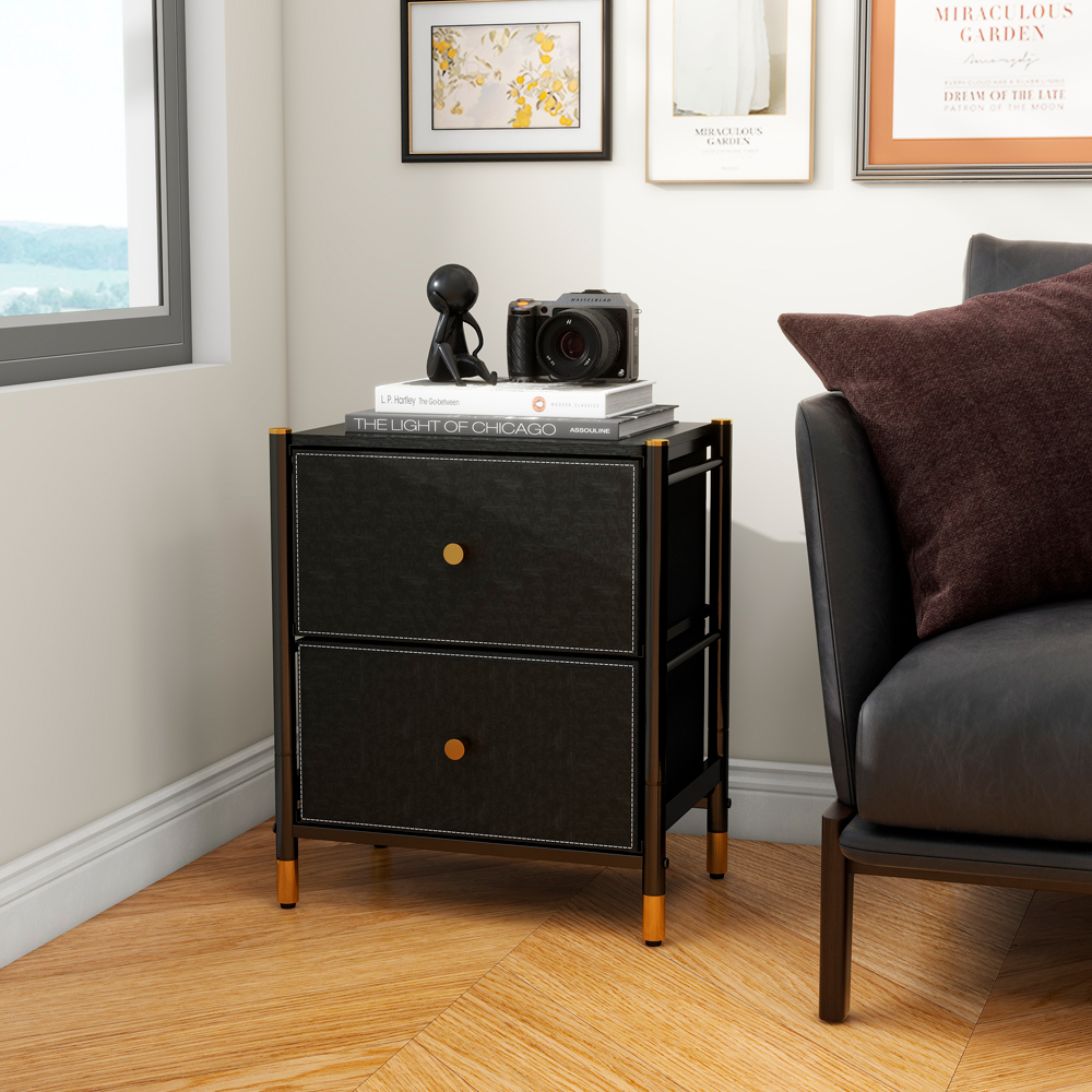 Buró Elegante Mesita De Noche Con 2 Cajones Negro