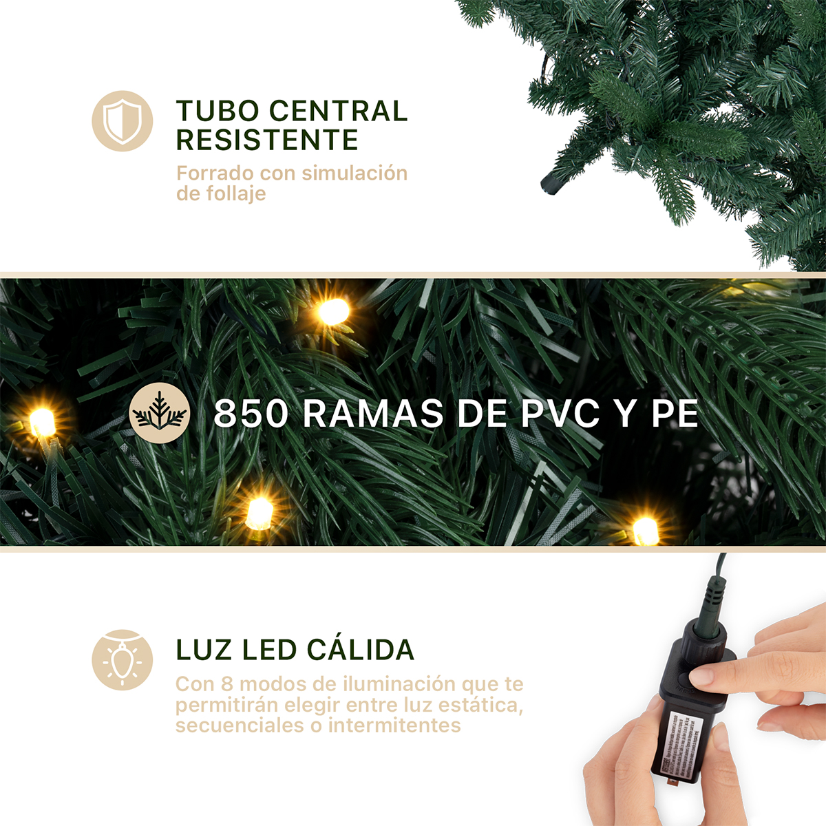 Árbol de Navidad Luces Led Pino 1.8m 850 Ramas - Verde oscuro para ESQUIMAL