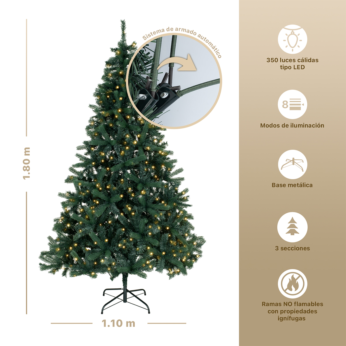 Árbol de Navidad Luces Led Pino 1.8m 850 Ramas - Verde oscuro para ESQUIMAL