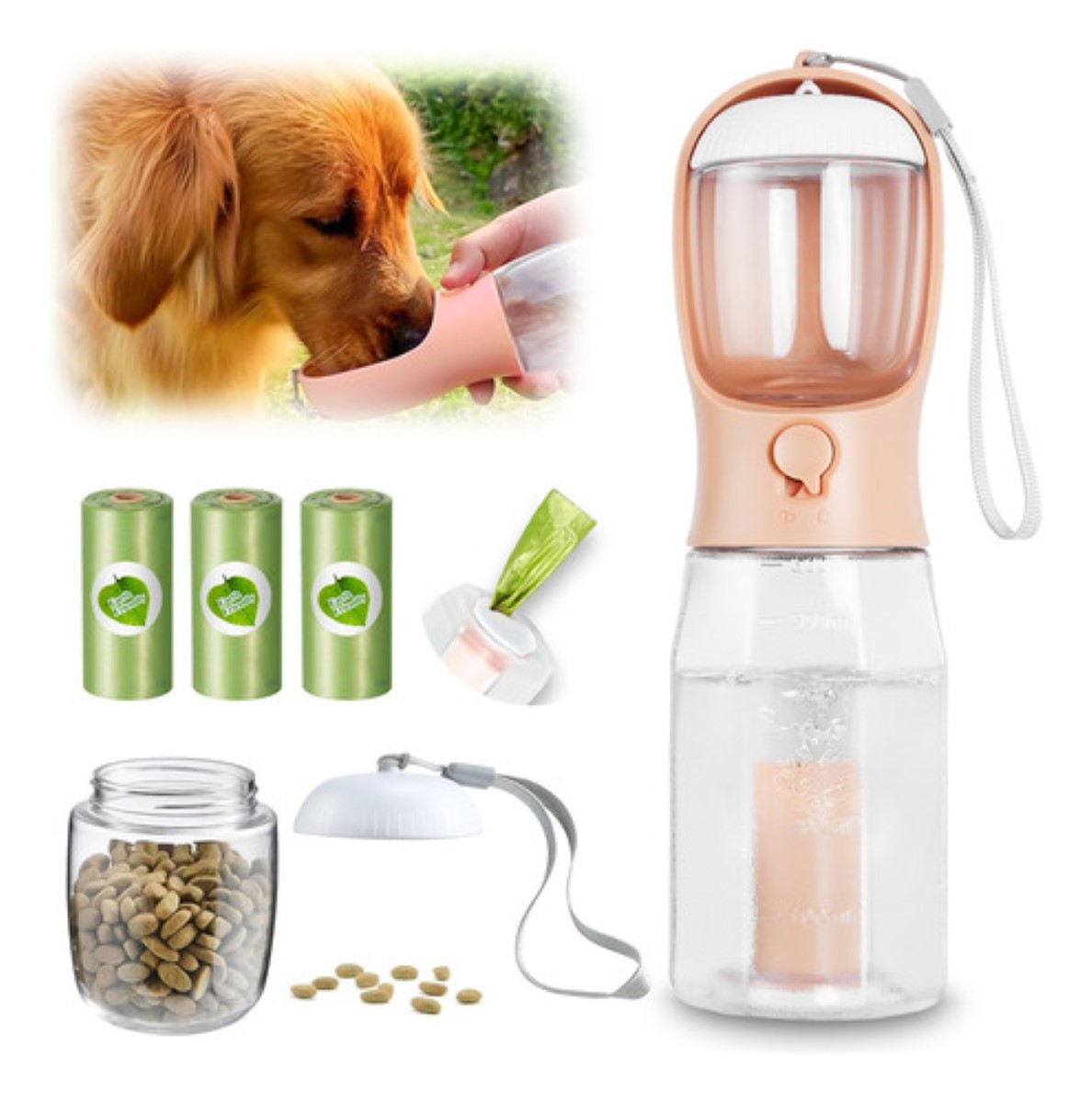 Bebedero Para Perro Portátil 600 ml Con Bolsa De Basura*3 Rosa/Transparente