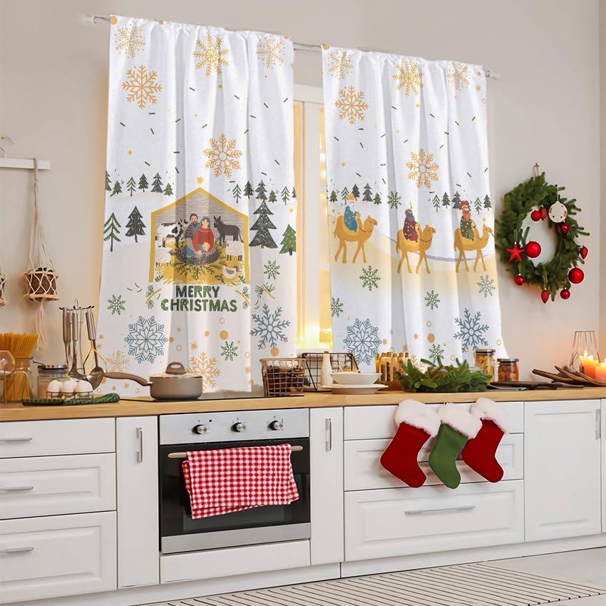 Béla Home Cortinas Cocina Estampada 1.30 Alto X 2m Ancho (Navideña Nacimiento)