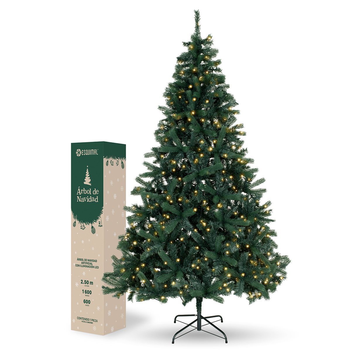 Árbol de Navidad con Luz Led Pino Navideño 2.5m 1600 Ramas Preiluminado - Verde Oscuro para ESQUIMAL