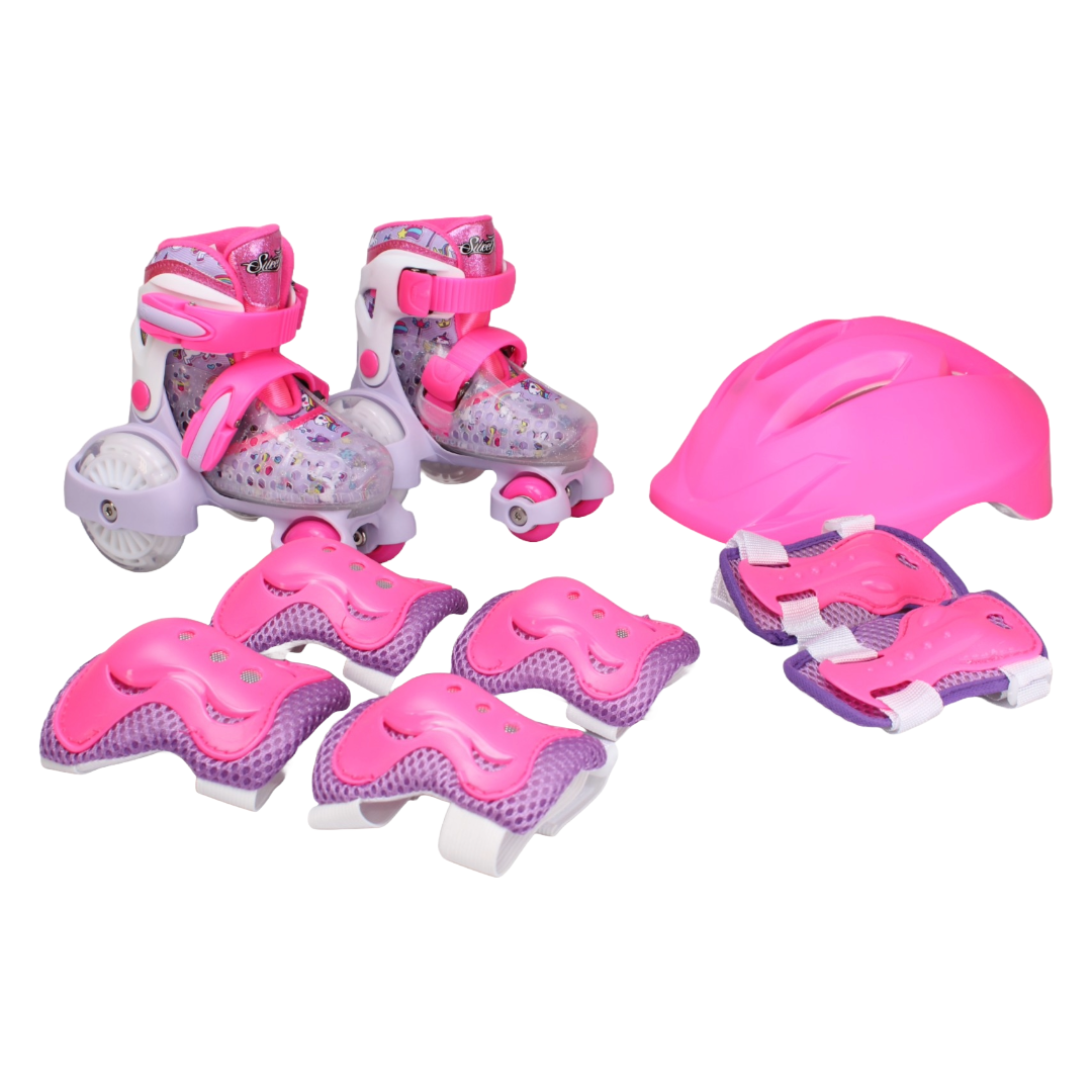 Patines infantiles entrenadores ajustables con luces led y kit de protecciones  XCH (16 a 18 cm) Unicornio