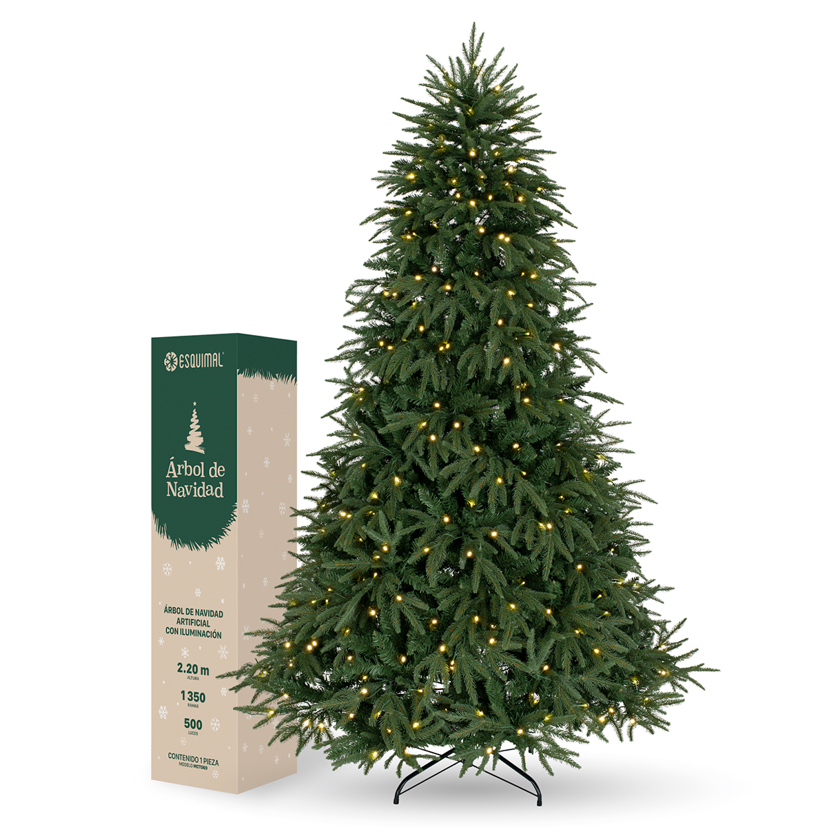 Árbol de Navidad con Luz LED 2.2m. Pino Navideño 1350 Ramas Preiluminado - Verde para ESQUIMAL