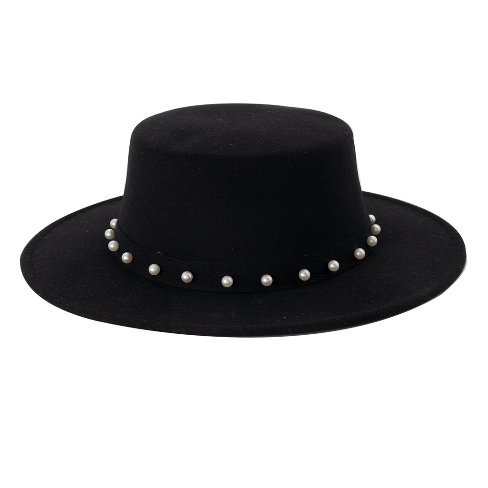 Sombrero de Fieltro Negro Detalle de Perlas en Cinta 