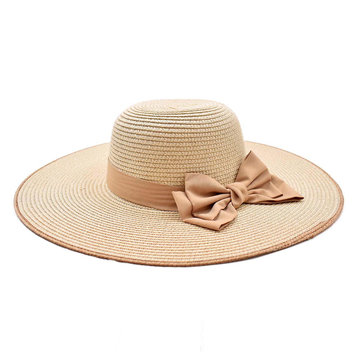 Sombrero Pamela Beige Detalle de Cinta y Moño Café 