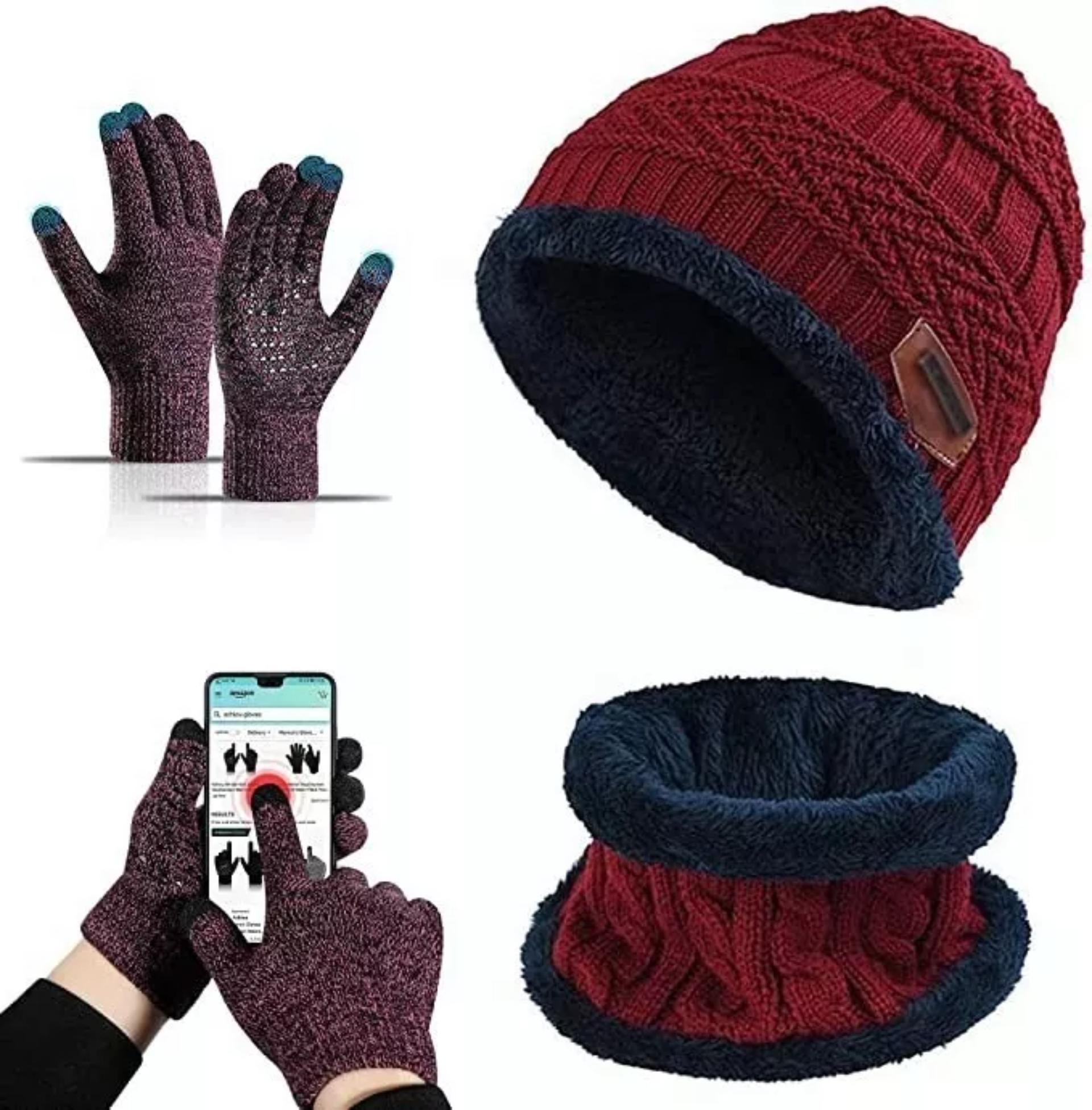 4 Conjunto Gorro Bufanda Guantes Frío Tejido Lana Unisex