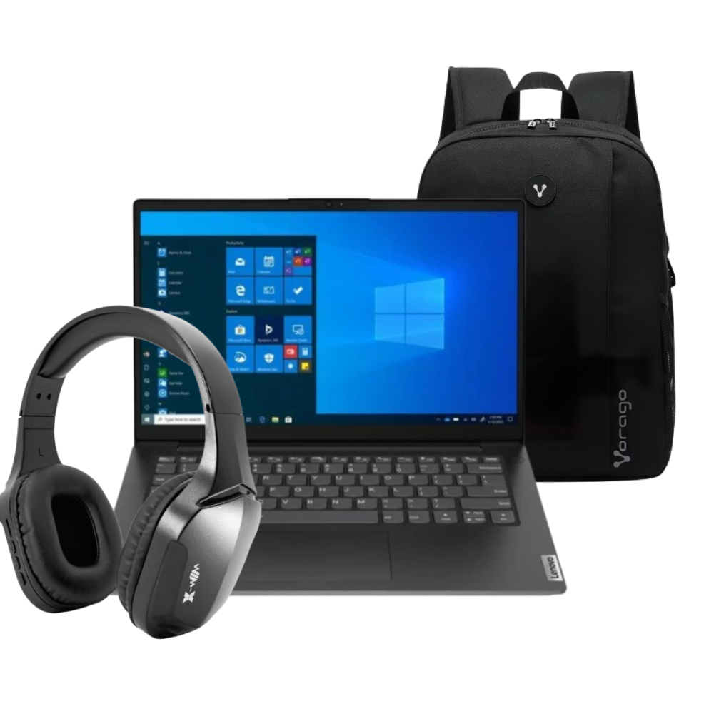 Combo Laptop Lenovo V14 G2 IJL Intel Celeron-N4500 2C 4GB 128GB ssd Pcie 14Pulg HD W11H Black 82QX002KLM + Audífonos Bluetooth y Mochila