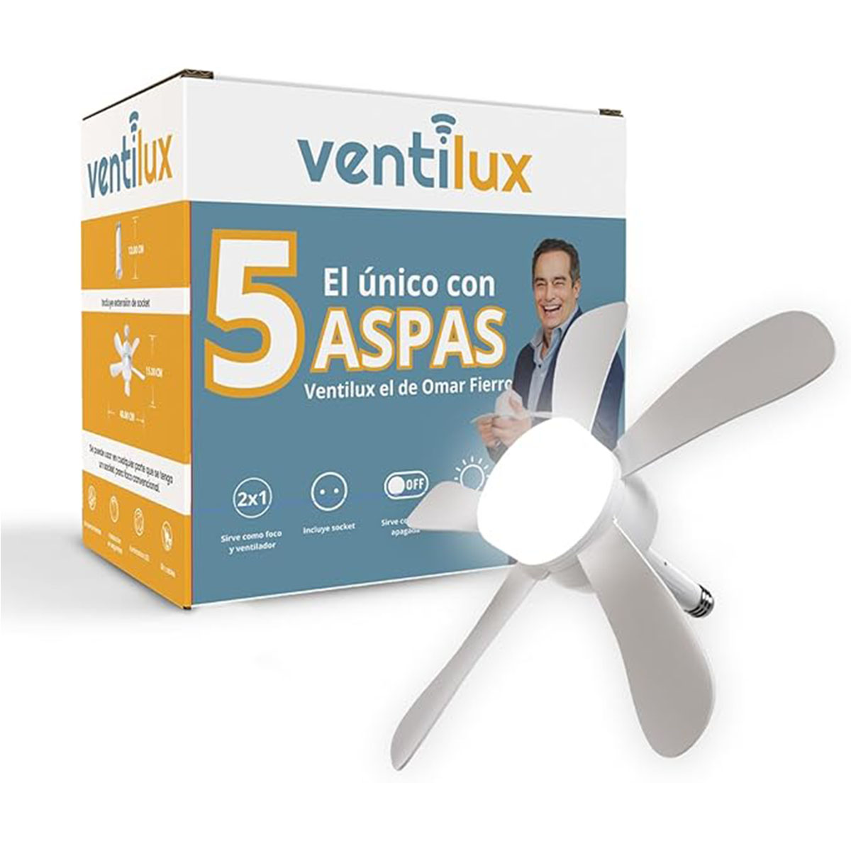 Ventilador lámpara de techo 5 aspas, 3 velocidades Ventilux con control remoto y extensión de socket 