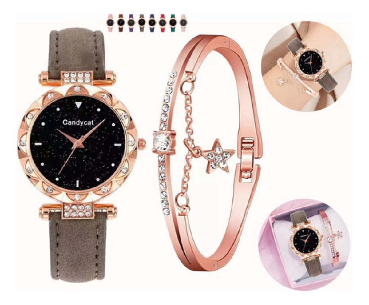 Relo j De Pulsera De Cuarzo Para Mujer Con Pulseraestrellado reloj gris pulcera oro rosa