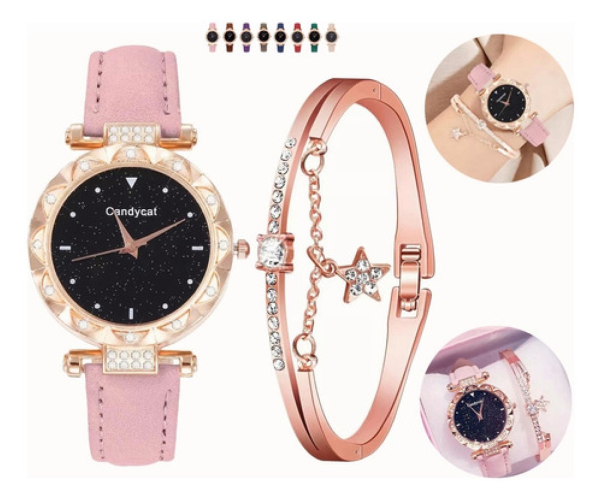 Relo j De Pulsera De Cuarzo Para Mujer Con Pulseraestrellado reloj rosa pulcera oro rosa