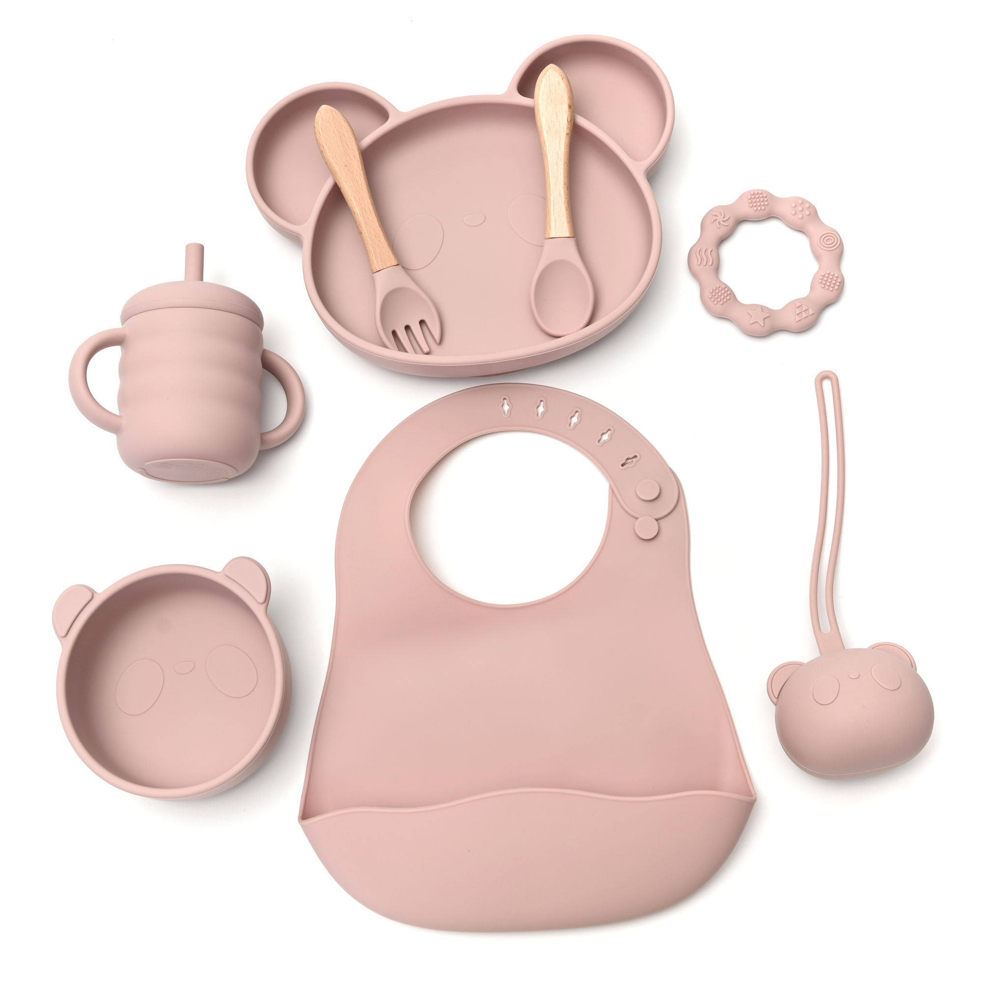 Set de Alimentación para Bebé con 2 Platos, Babero, Mordedera, Vaso y Cubiertos (Rosa)