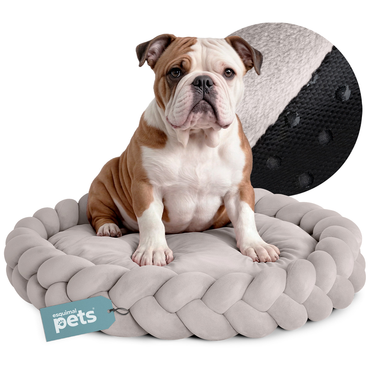 Cama Redonda para Perro y Gato Mediano / Cojín Antiestrés+ borde Trenzado, Lavable Beige ESQUIMAL