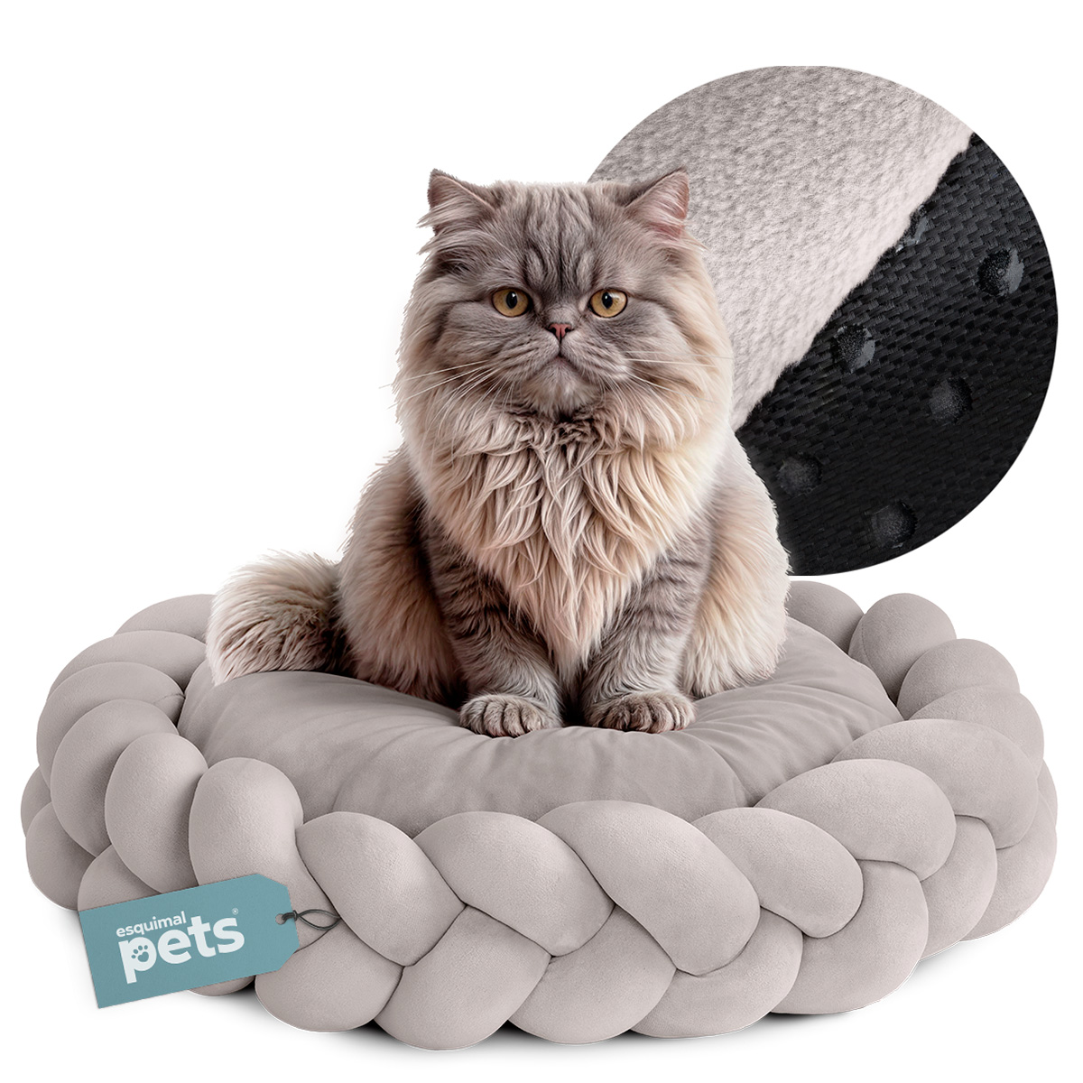 Cama Redonda para Perro y Gato Chico / Cojín Antiestrés+ borde Trenzado, Lavable Beige ESQUIMAL