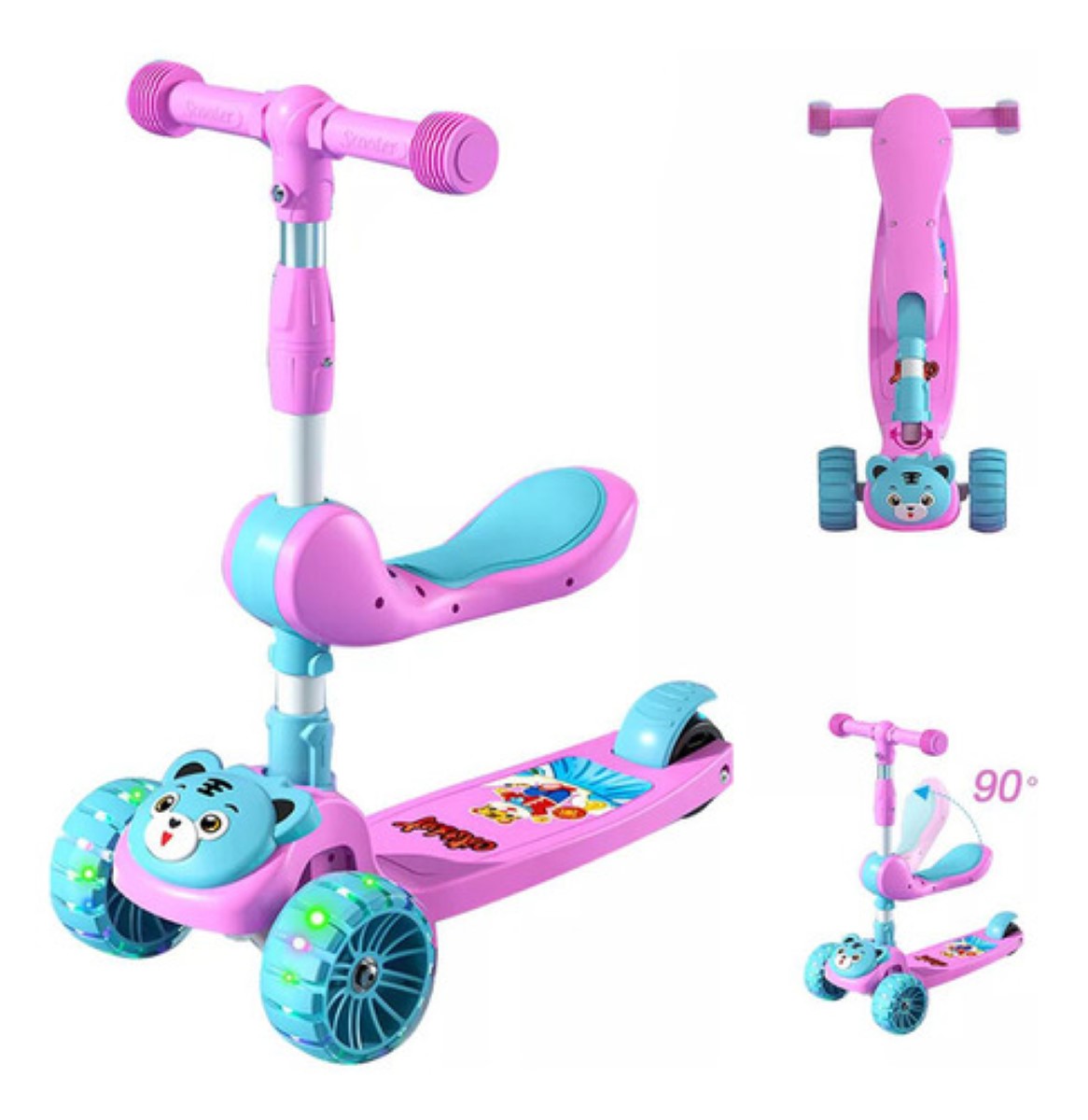 Patín Del Diablo Scooter Para Niños 3 Ruedas Con Luces Rosa Azul